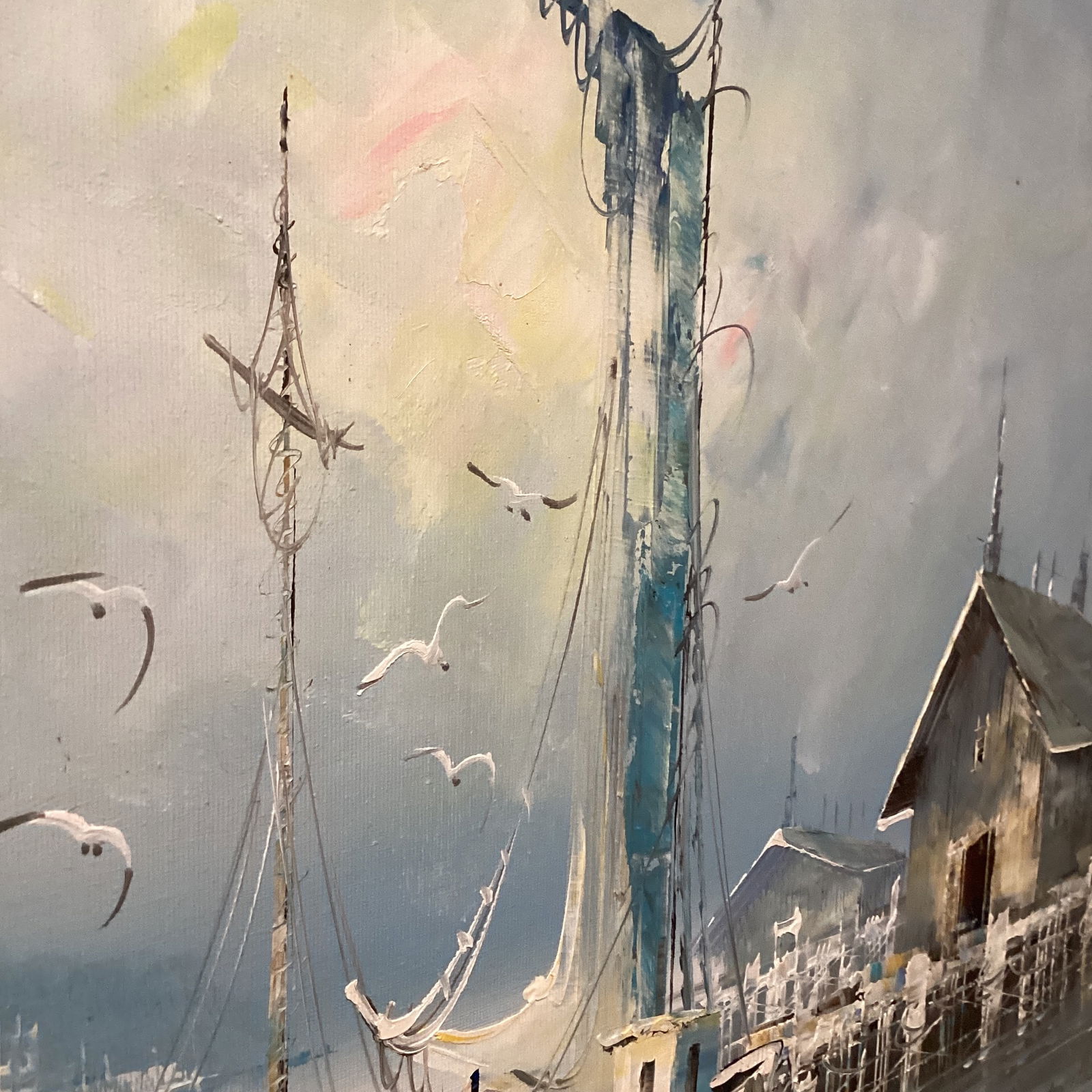 1980s Vintage Seascape Oil Painting on Canvas "Morning Boats" by K. Thomas, Framed - 6