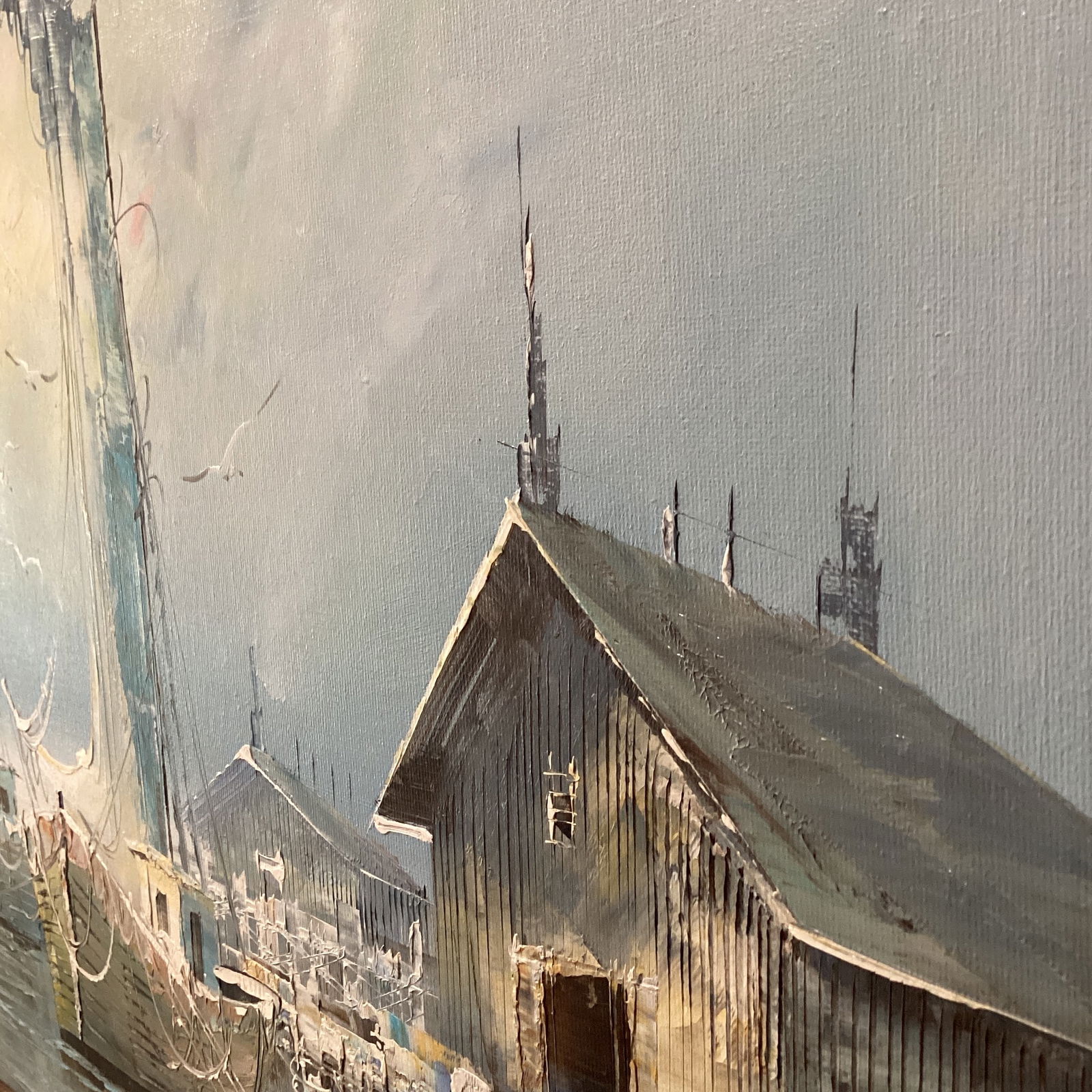 1980s Vintage Seascape Oil Painting on Canvas "Morning Boats" by K. Thomas, Framed - 7