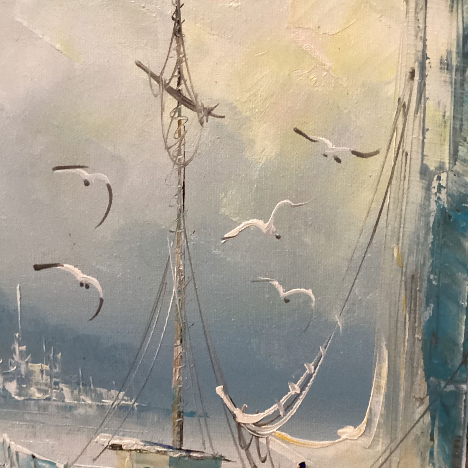 1980s Vintage Seascape Oil Painting on Canvas "Morning Boats" by K. Thomas, Framed - 9