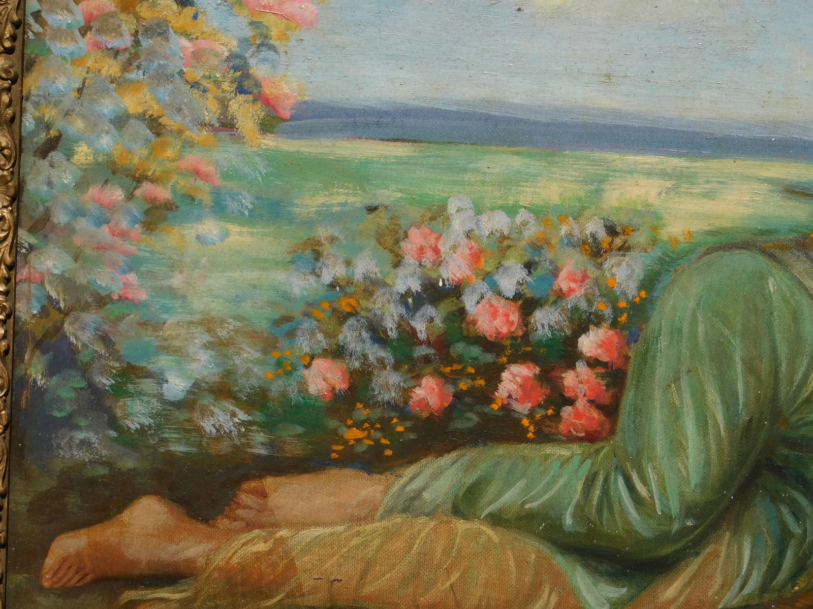 Vintage 19th C Oil Painting , Signed , Reclining Woman With Birds and Flowers, Framed - 3