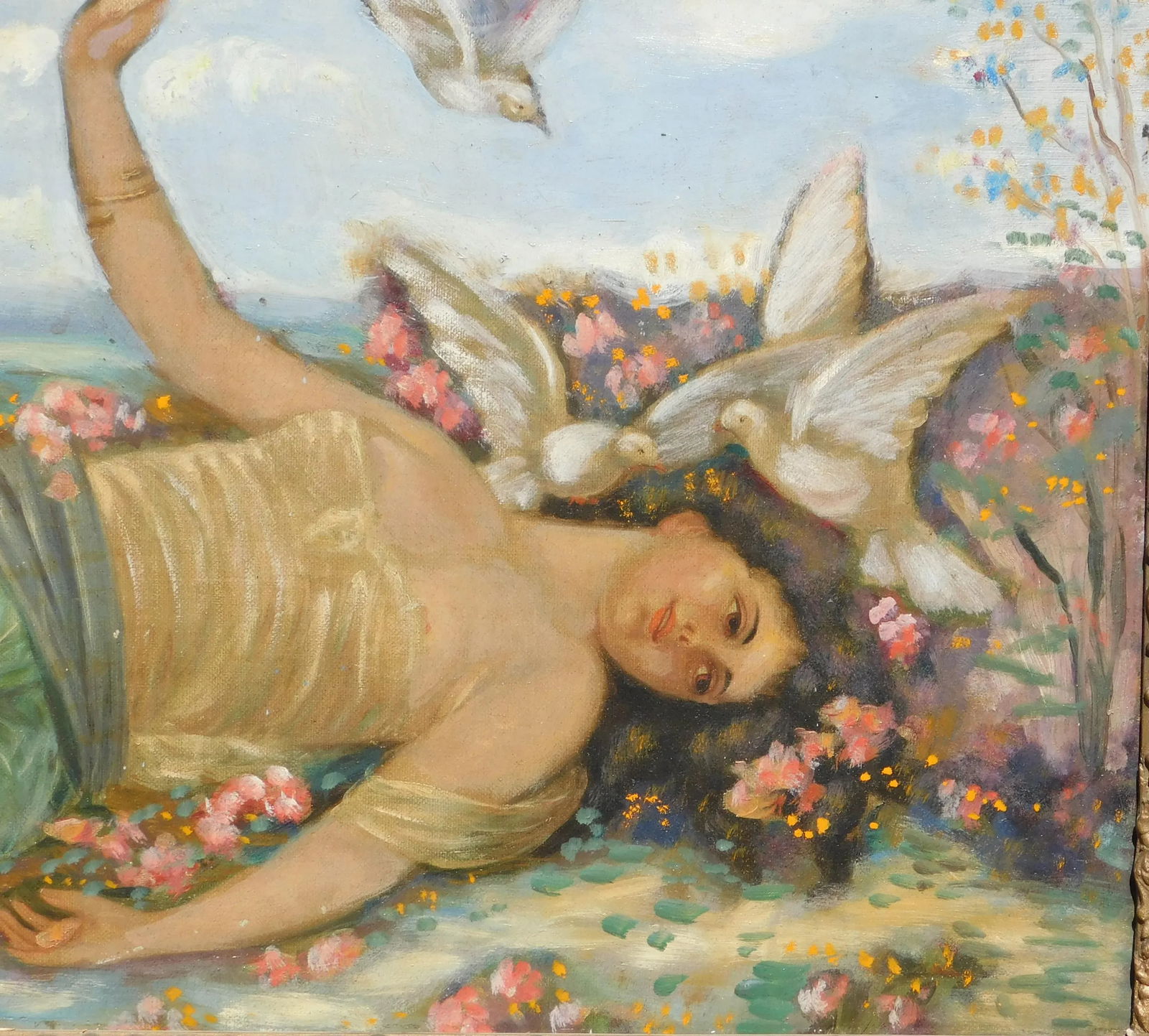 Vintage 19th C Oil Painting , Signed , Reclining Woman With Birds and Flowers, Framed - 4