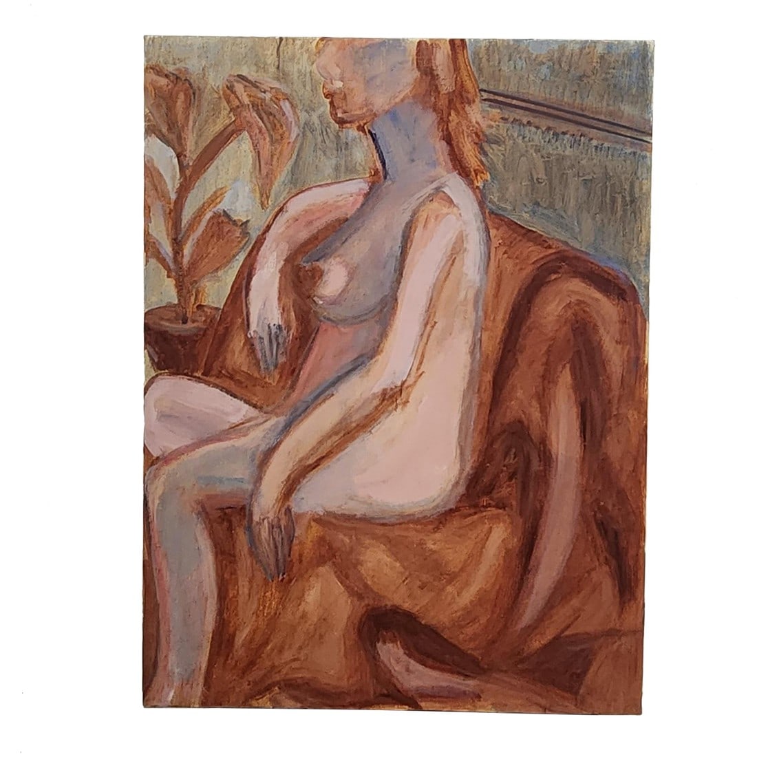 Mid-Century Modern Female Nude Painting "“ Warm Earth Tones, Vintage Figurative Art: Expressive mid-century modern figurative painting depicting a seated female nude, rendered in warm earth tones with loose, gestural brushwork. The composition reflects the postwar modernist approach t