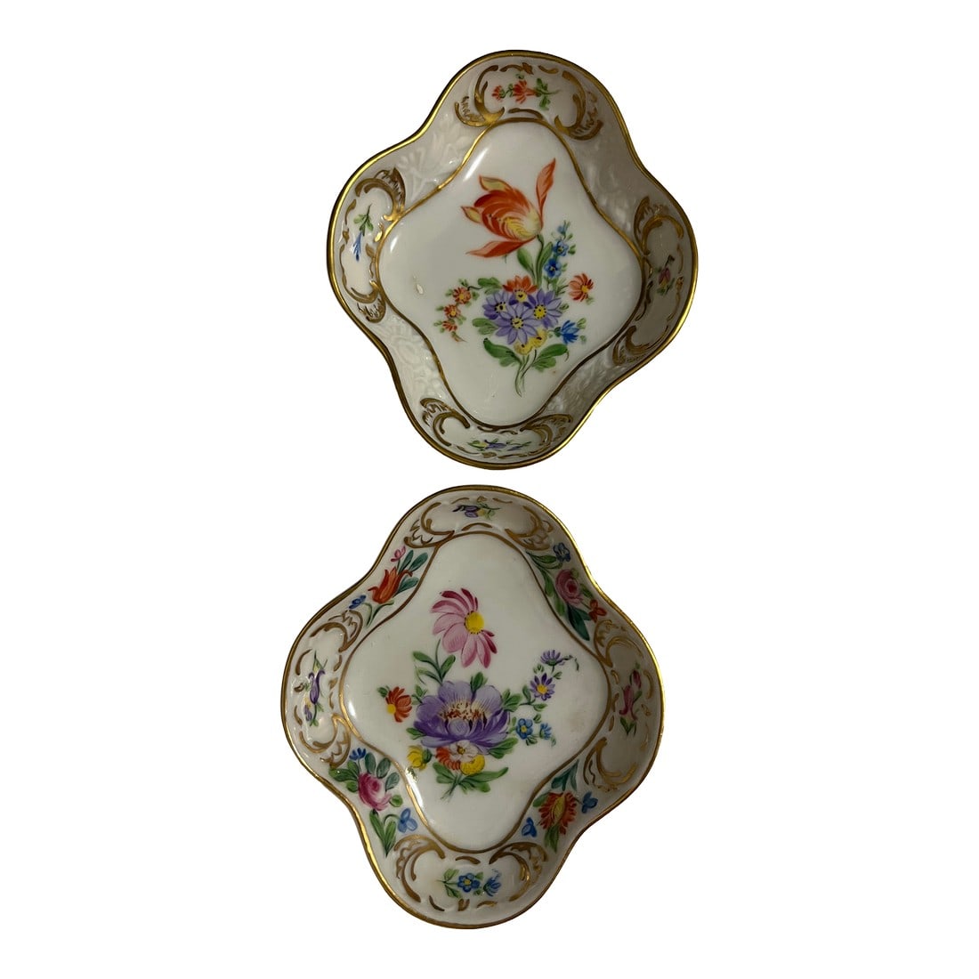 1950s Schumann Dresden Germany Vintage Trinket Dish Porcelain Floral Diamond Shape- Set of 2: Vintage Schumann Dresden Germany trinket dishes, mid-20th century. Porcelain, with a hand-painted floral design and gold trim. Each dish is diamond-shaped and measures approximately 3.5" tall by