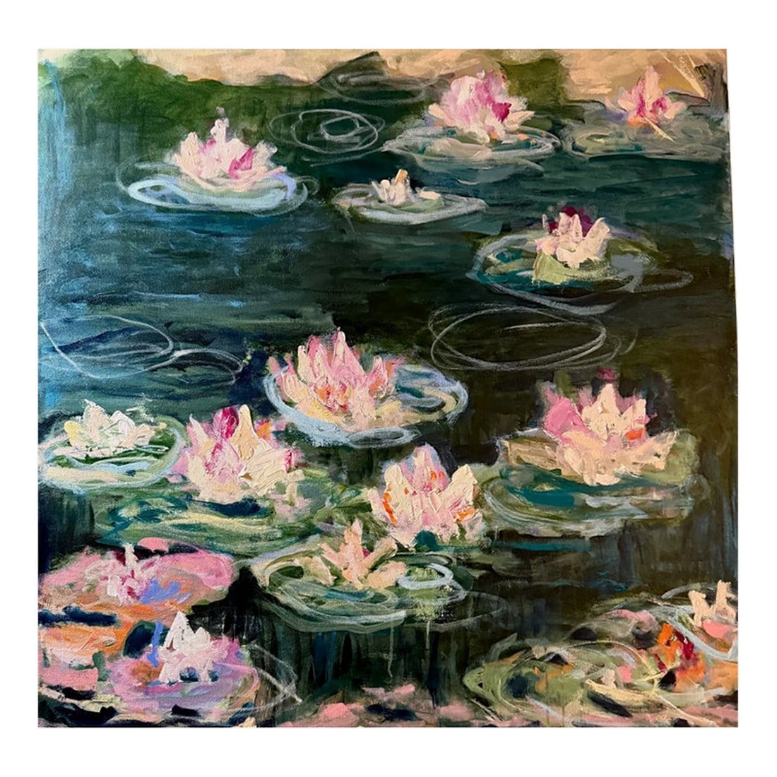 Up a Lazy River, an Original Acrylic Painting in the Monet Style: A dreamy nod to Monet's iconic water lilies, this painting floats gently between impression and imagination. Soft reflections, lush blooms, and rippling hues invites the viewer to drift into a slower