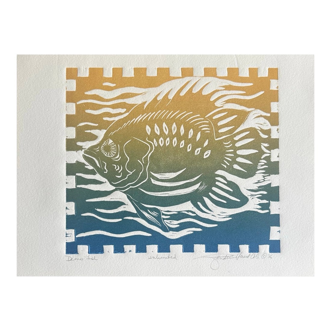 Vintage Signed and Dated Original Lino Print: This striking linocut print features a detailed, stylized fish in motion, surrounded by undulating currents that echo the rhythm of the sea. A warm gradient of gold to deep teal creates a rich sense o