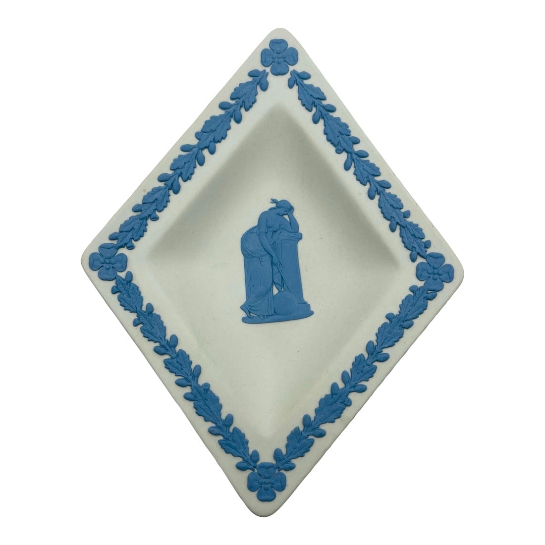 Mid 20th Century Wedgwood Jasperware Diamond Dish: A mid 20th century example of jasper ware with a Wedgwood blue floral border and a central classical figure in the same color on a white background. Condition: Alterations: Original Condition Unaltere