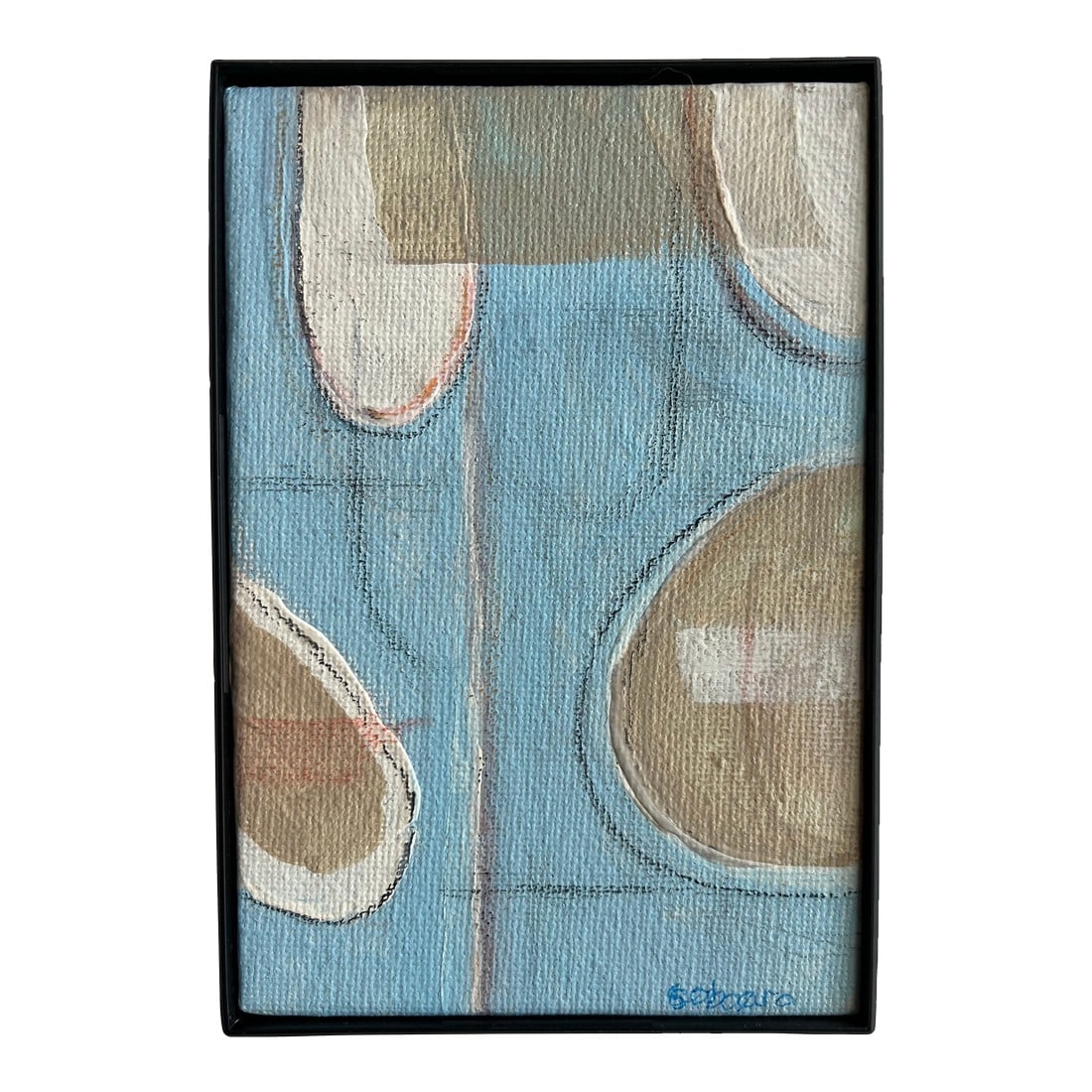 Blue & Tan Abstract Acrylic Painting: Small framed blue, tan and black charcoal acrylic painting. A beautiful edition to your collection. COMBINED SHIPPING AVAILABLE. Condition: Alterations: Original Condition Unaltered Imperfections: Som