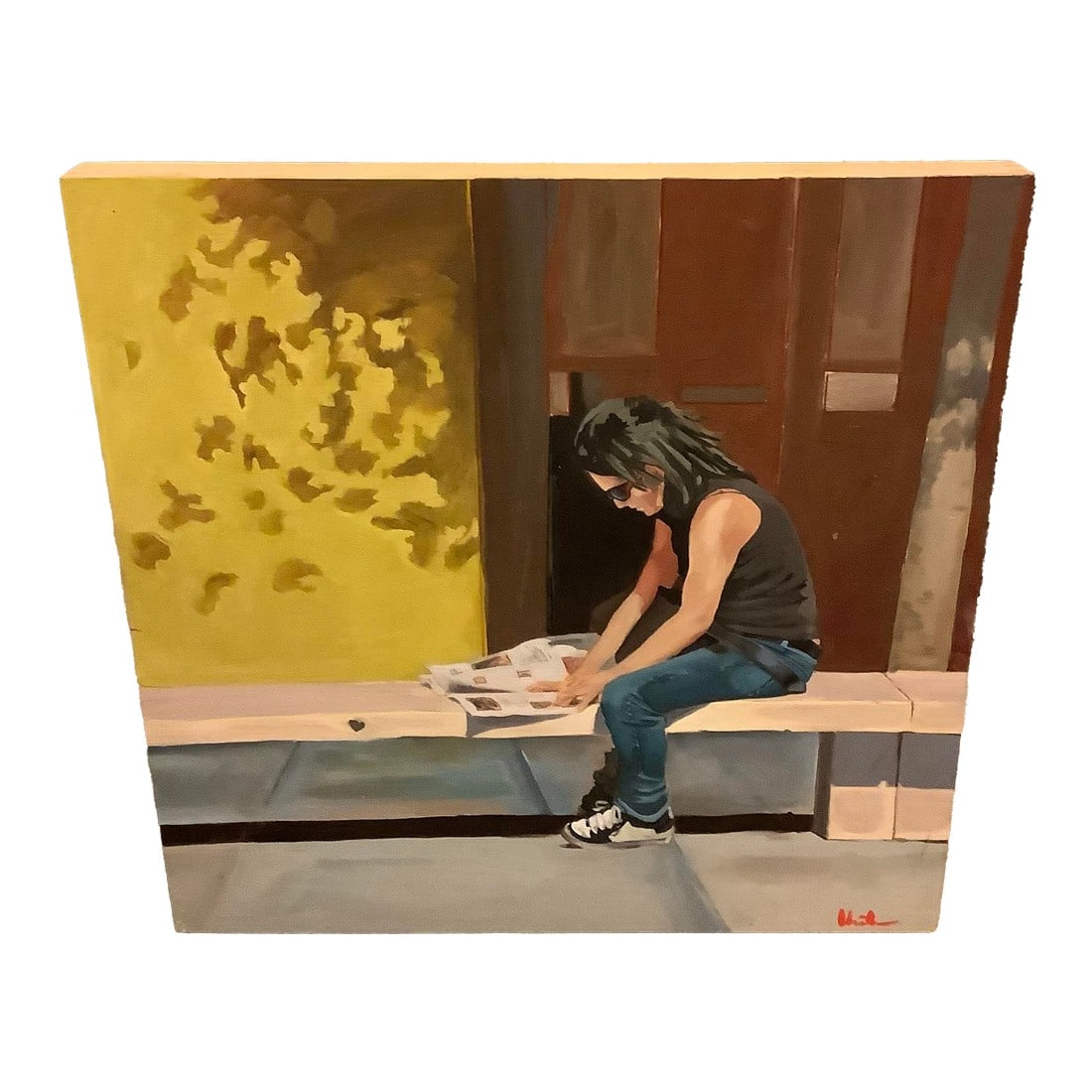 Modern Realism Lady Reading Newspaper Painting on Board: This vibrant painting is bursting with amazing colors. It would look great on any wall it would add a great pop of color. The artist captured the person perfectly. The painting is on board and artist