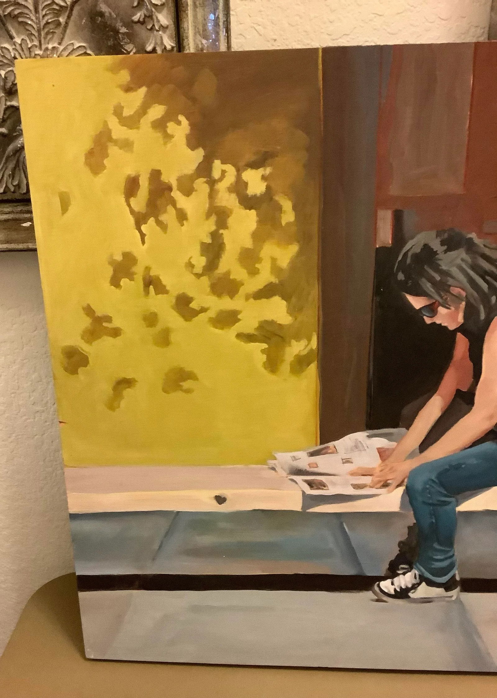 Modern Realism Lady Reading Newspaper Painting on Board - 7