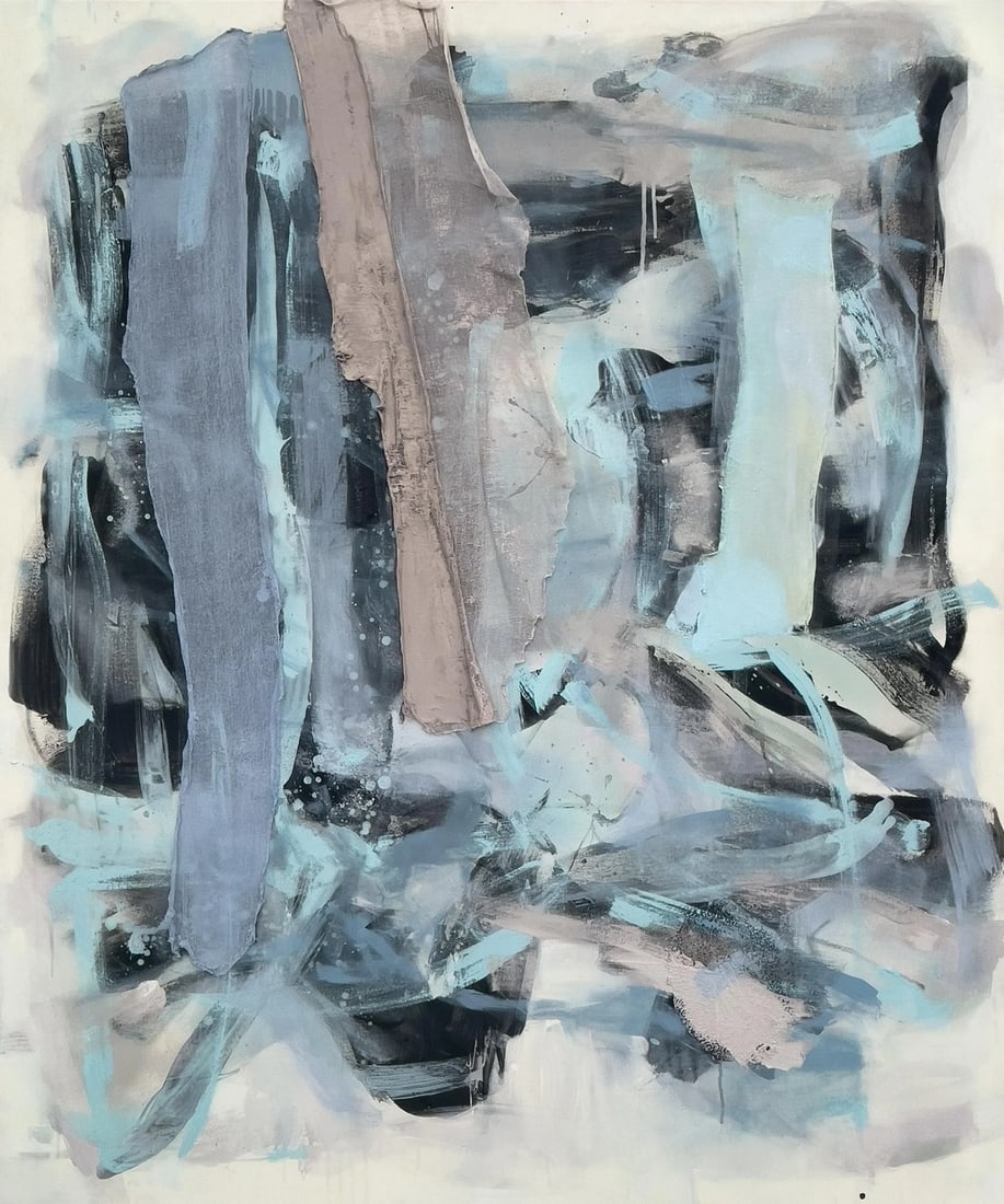 "Echoes in the Night Sky" Large-Scale Gestural Abstract Expression Painting: Striking artworks bring a bold, expressive presence to refined living spaces. With a sophisticated palette of slate blue, muted mauve, grayed pastels, and cloud-like whites, this oversized abstract pa