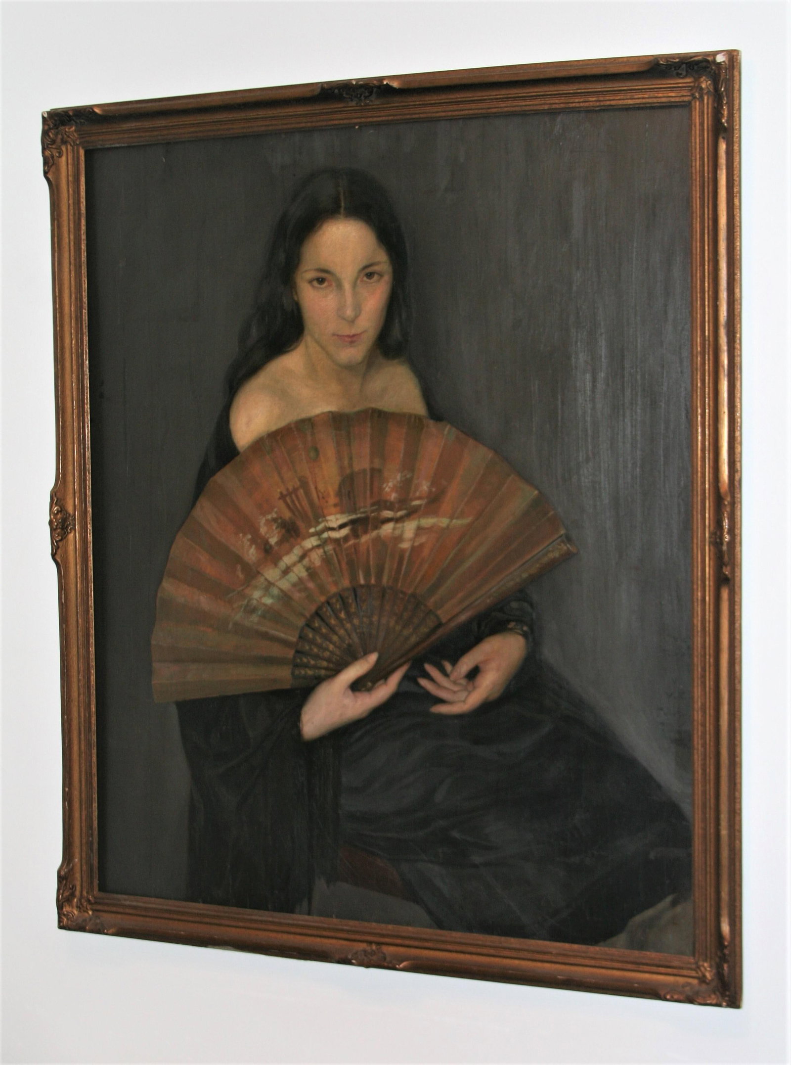 Vintage Argentinian Lady With a Fan Painting Signed V. E. R., Framed - 4