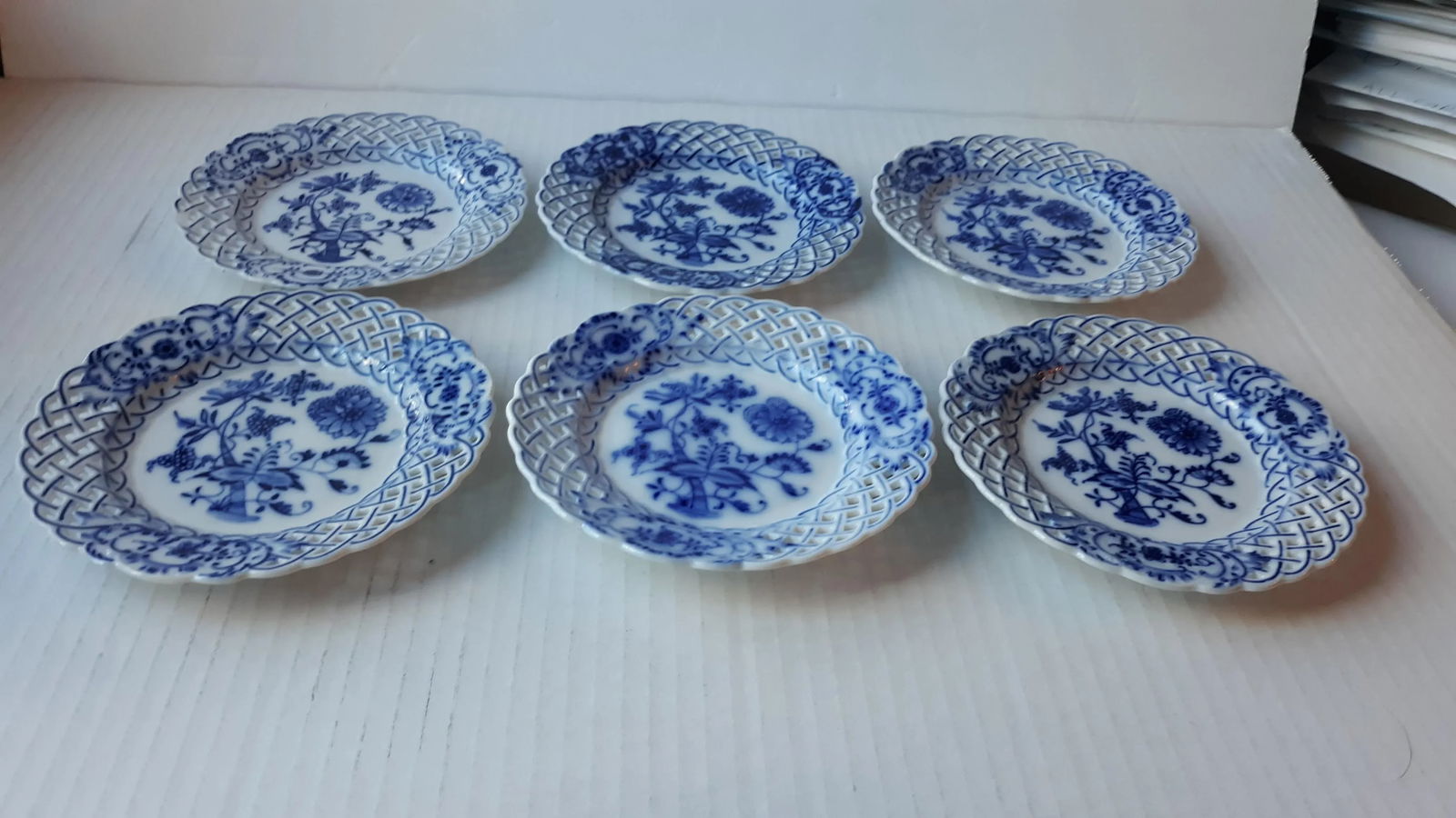 Antique Carl Teichert Meissen Pierced Blue Onion Small Butter Plates- Set of 6 - 2
