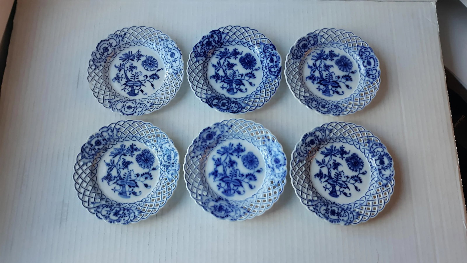 Antique Carl Teichert Meissen Pierced Blue Onion Small Butter Plates- Set of 6 - 5