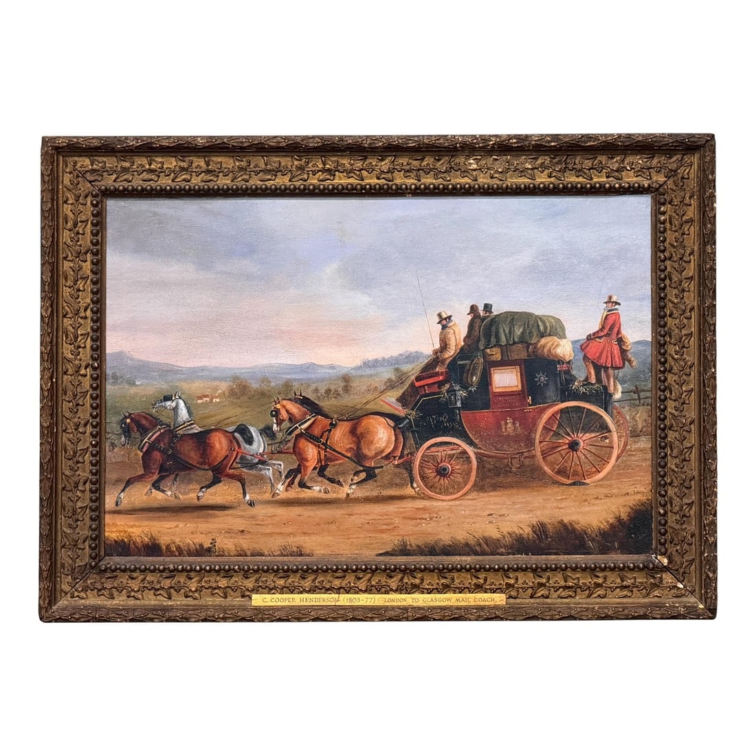 Oil Painting of London to Glasgow Royal Mail Coach by Charles Cooper Henderson: Oil on canvas depicting the London to Glasgow Royal Mail Coach by British artist Charles Cooper Henderson (1803"“1877). A lively and detailed scene showing a four-horse carriage in motion across