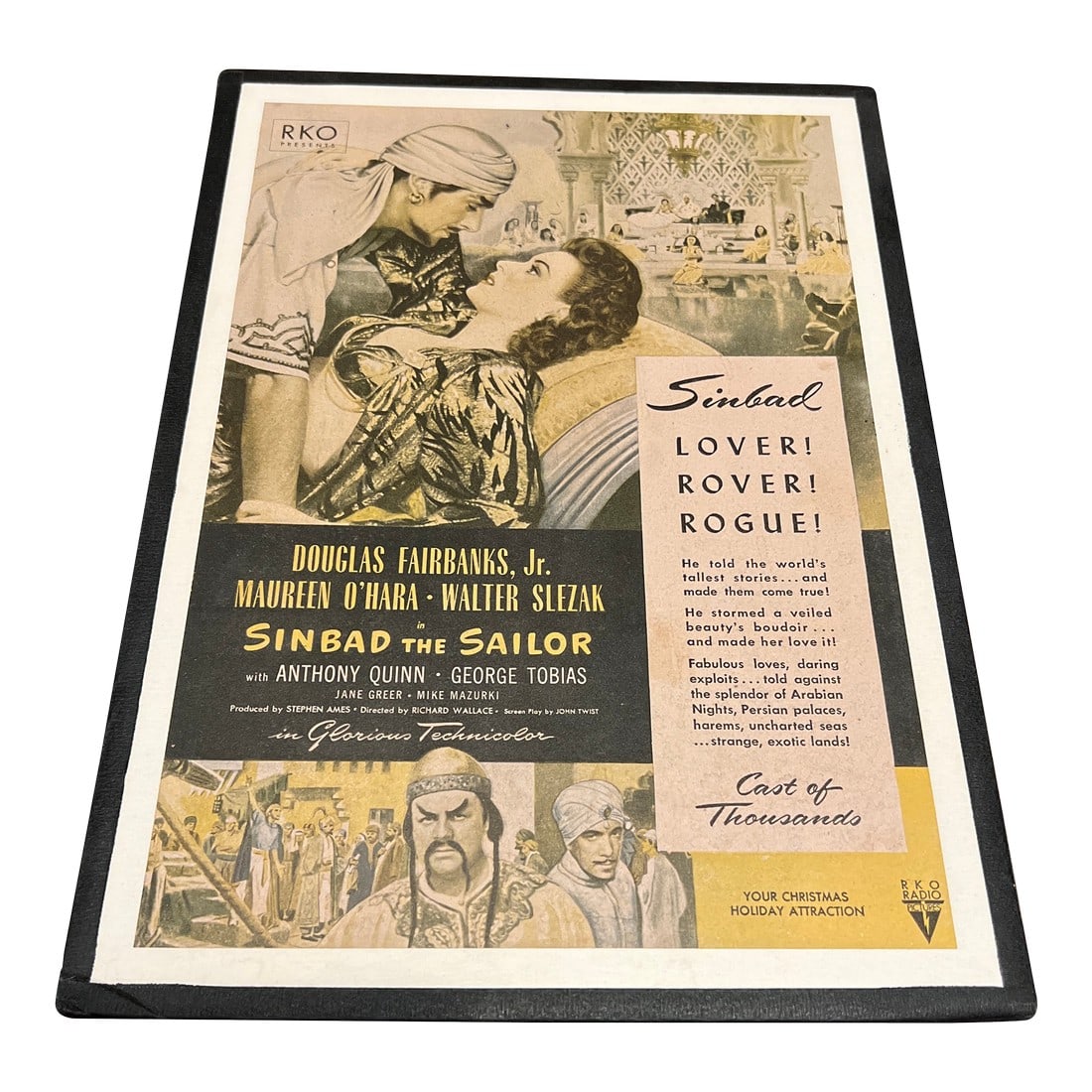 Vintage Hollywood Movie Lobby Card, Sinbad the Sailor 1947: Vintage Hollywood Movie Card Features: - Sinbad featuring Anthony Quinn, Douglas Fairbanks Jr and Maureen O'Hara - measures 13 3/8" x 9 5/8" - overall good condition; no observed issues Condition: Alt
