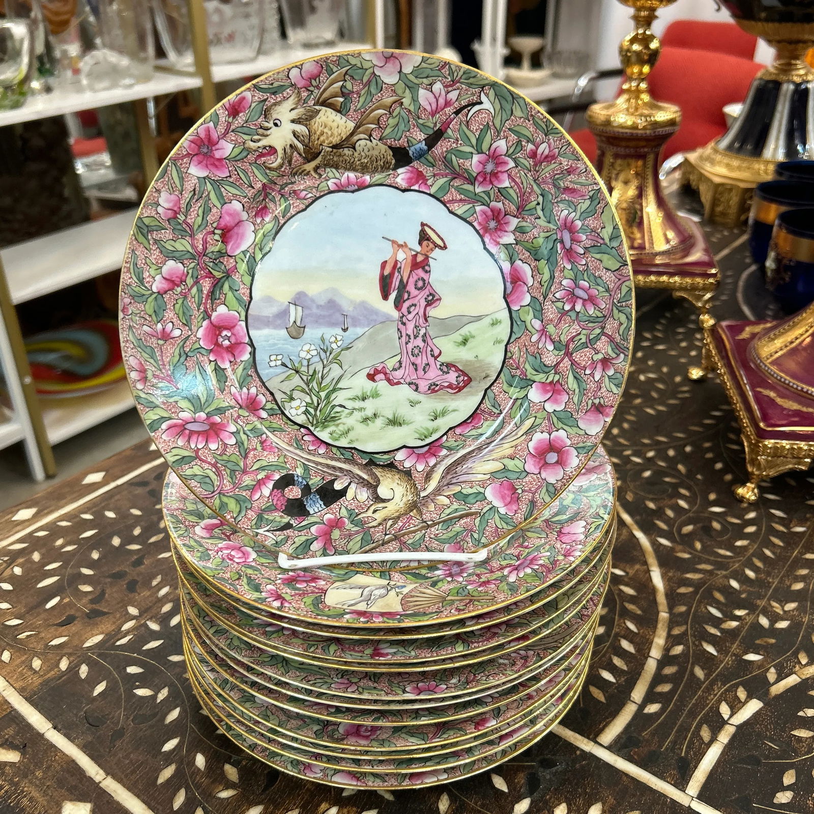 John Pouyat Limoges France Chinoiserie Plates Set of 12 Signed - 2