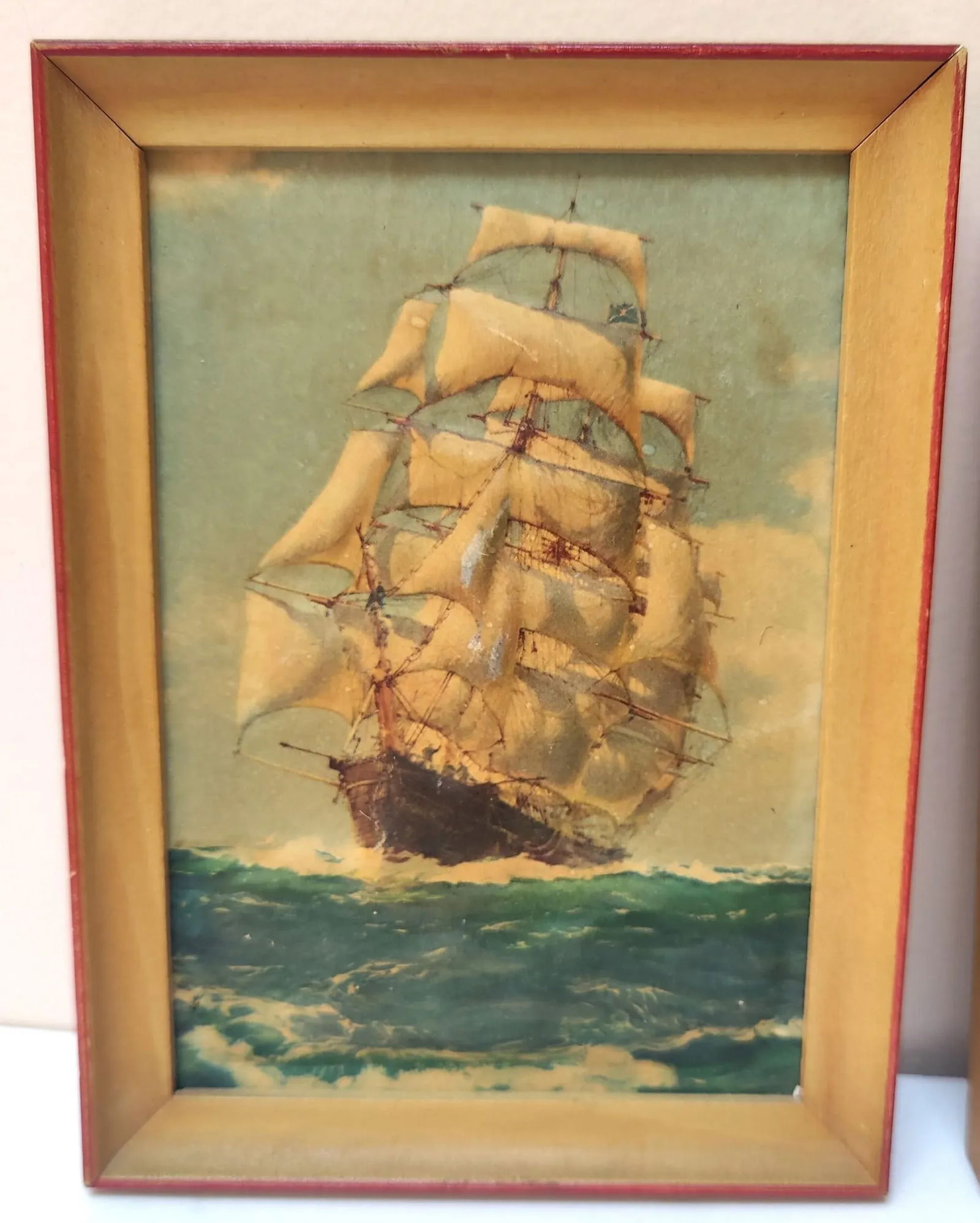1930s Vintage Sailboat Clipper Ship Embossed Paintings Pair Nautical Art 5x6.5" Almost Antique - 2