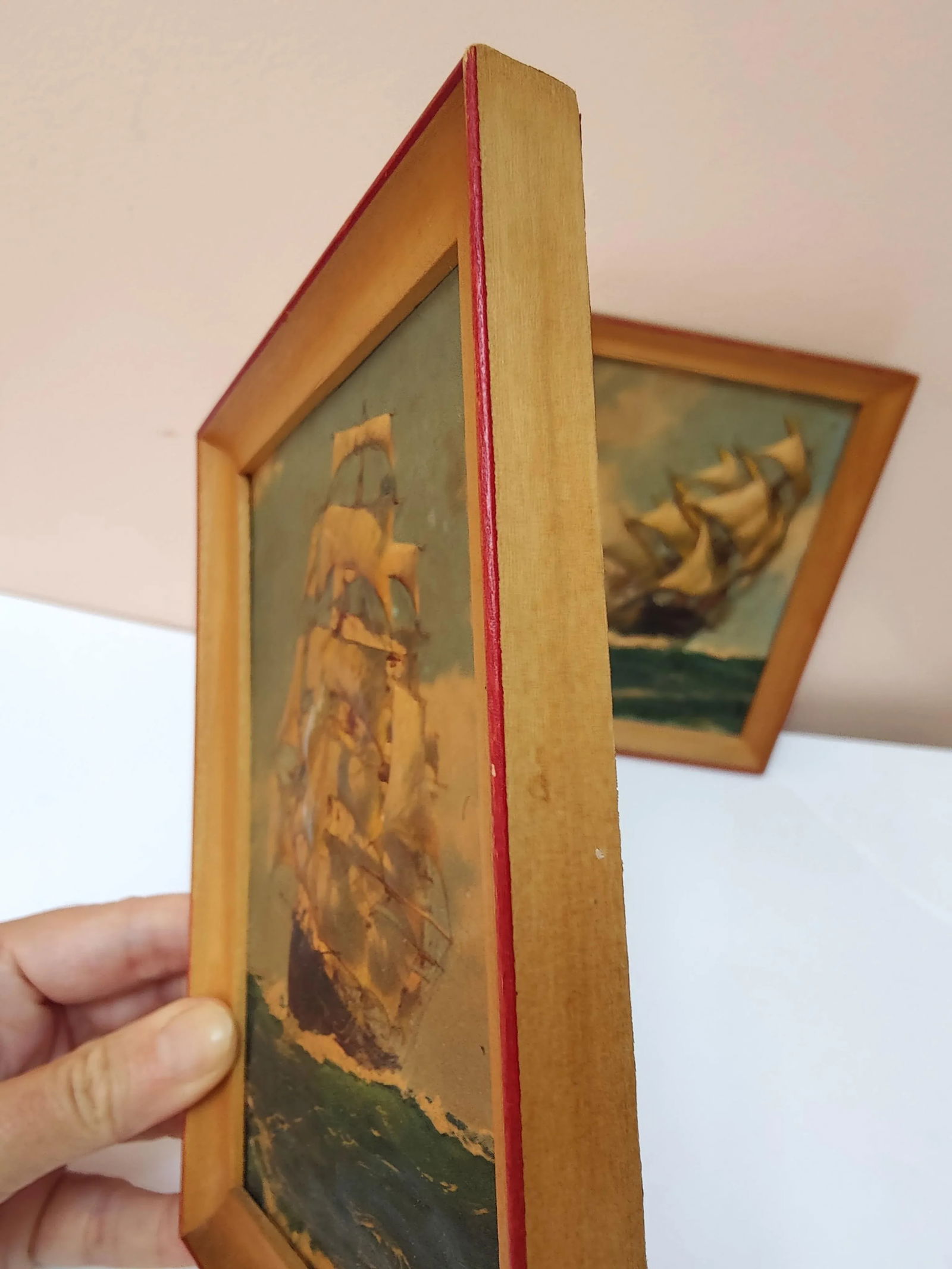 1930s Vintage Sailboat Clipper Ship Embossed Paintings Pair Nautical Art 5x6.5" Almost Antique - 3