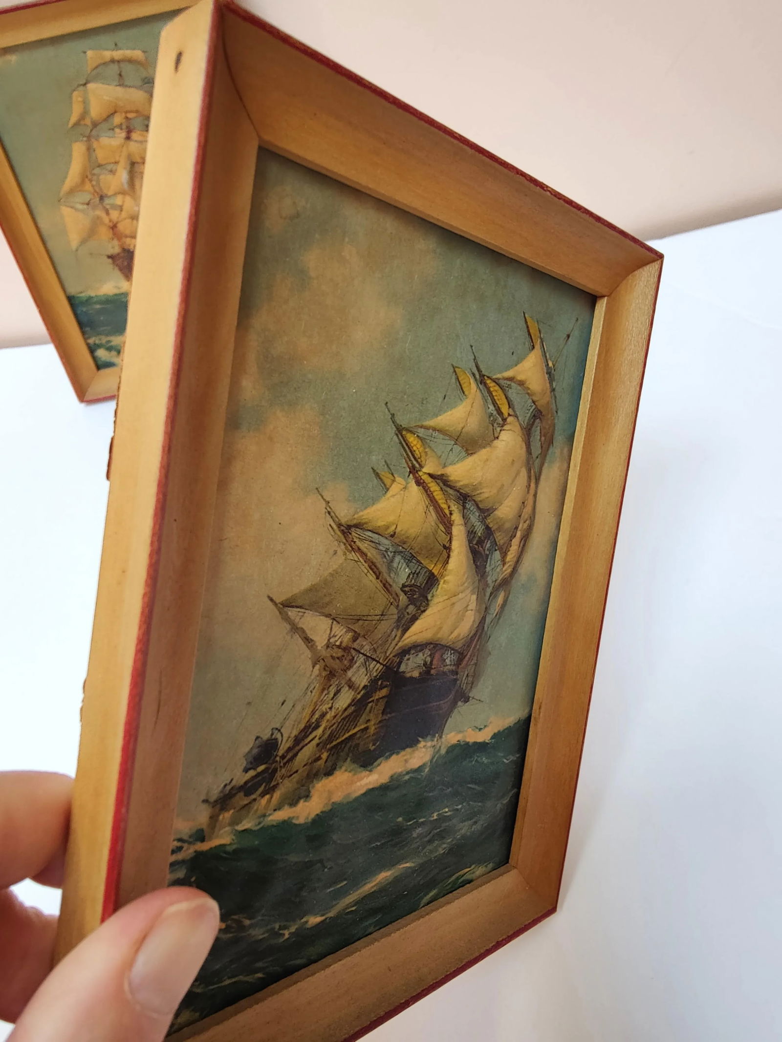 1930s Vintage Sailboat Clipper Ship Embossed Paintings Pair Nautical Art 5x6.5" Almost Antique - 4