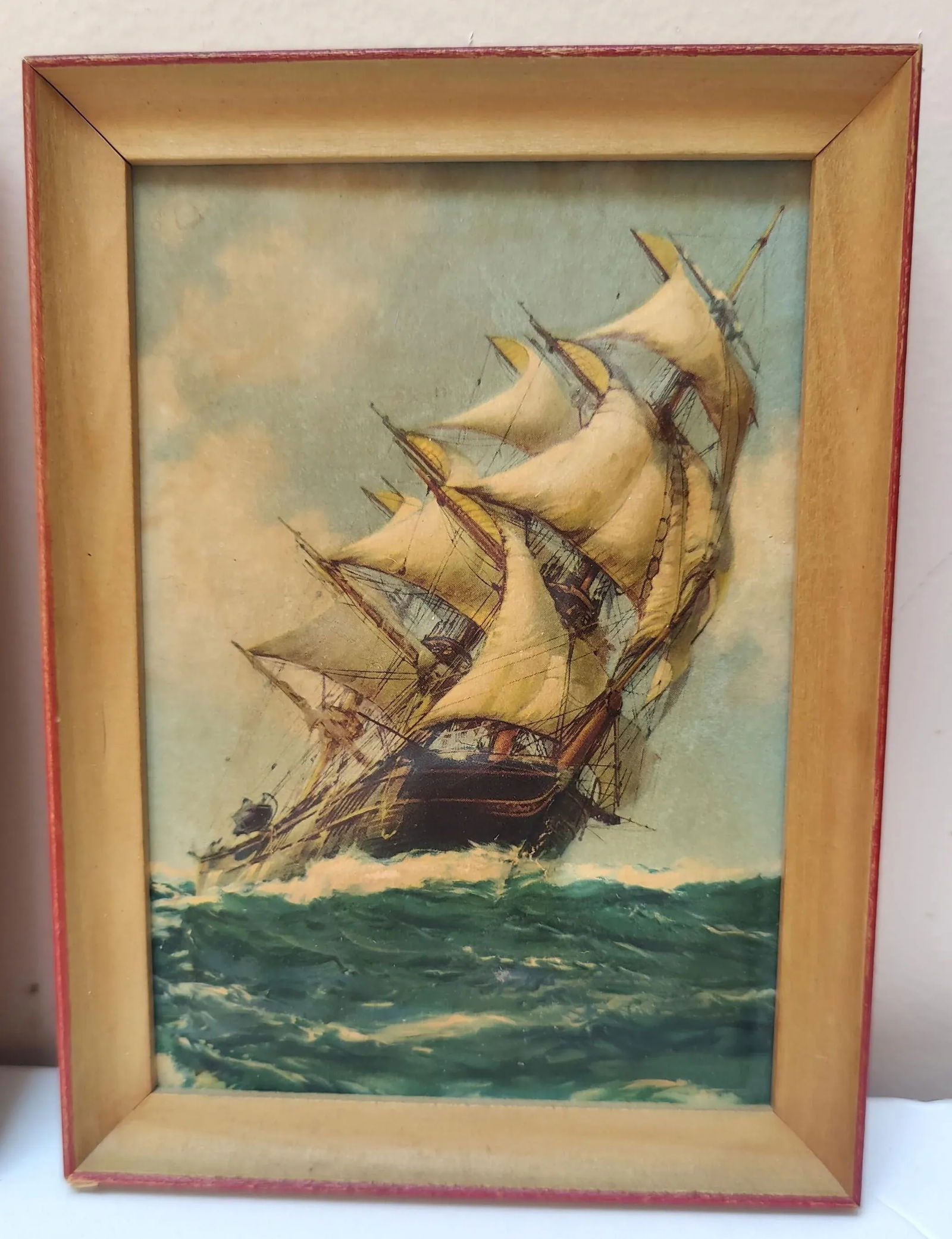 1930s Vintage Sailboat Clipper Ship Embossed Paintings Pair Nautical Art 5x6.5" Almost Antique - 6