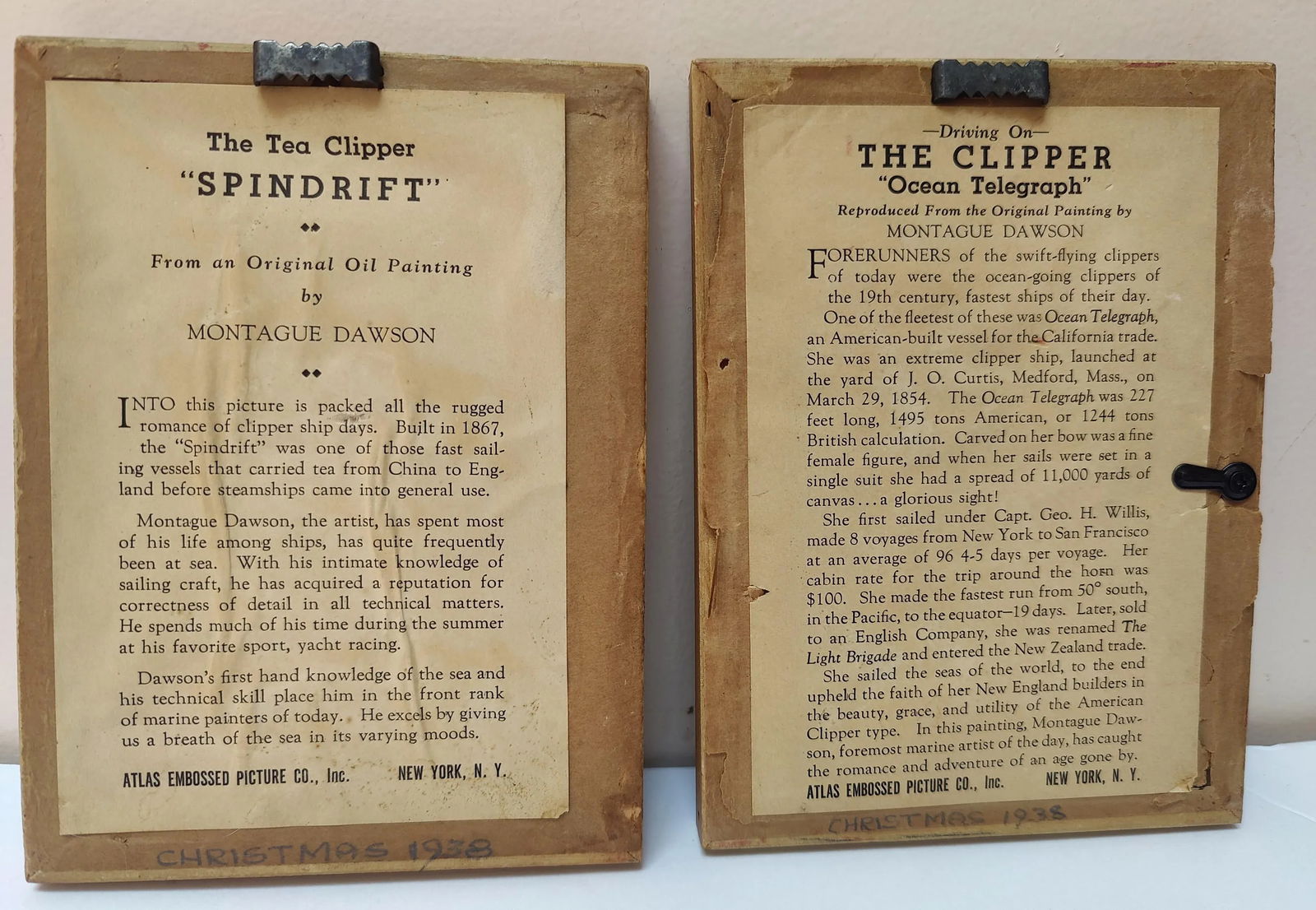 1930s Vintage Sailboat Clipper Ship Embossed Paintings Pair Nautical Art 5x6.5" Almost Antique - 7