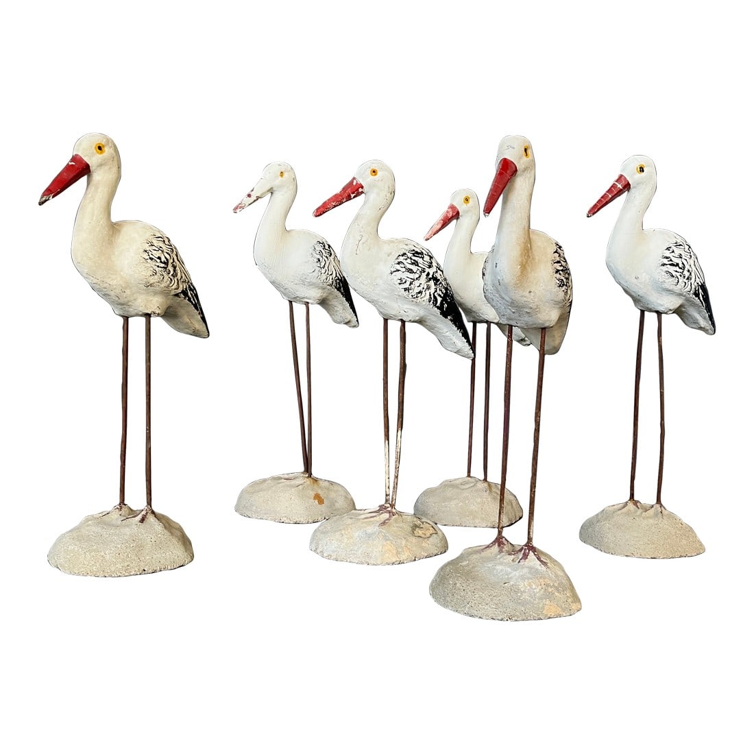 1960s Cast Cement Painted Seagulls - Set of 6: Set of 6 Cast Cement Painted Seagulls "“ Alsace, France A charming flock of six painted cement seagulls, each uniquely hand-detailed with white bodies, black wing accents, and vivid red beaks. T