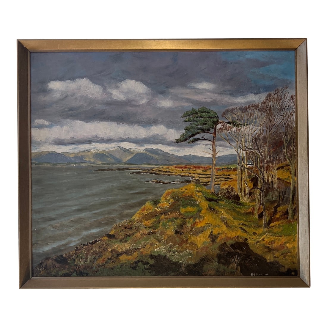 Oil on Artist Board Windswept Seaside Landscape Framed Signed Made in 1950 by British Artist McMilla: British artist seaside landscape signed framed made in 1950by McMillan Condition: Alterations: Original Condition Unaltered Imperfections: Some Imperfections Condition Notes: Great collectors conditio