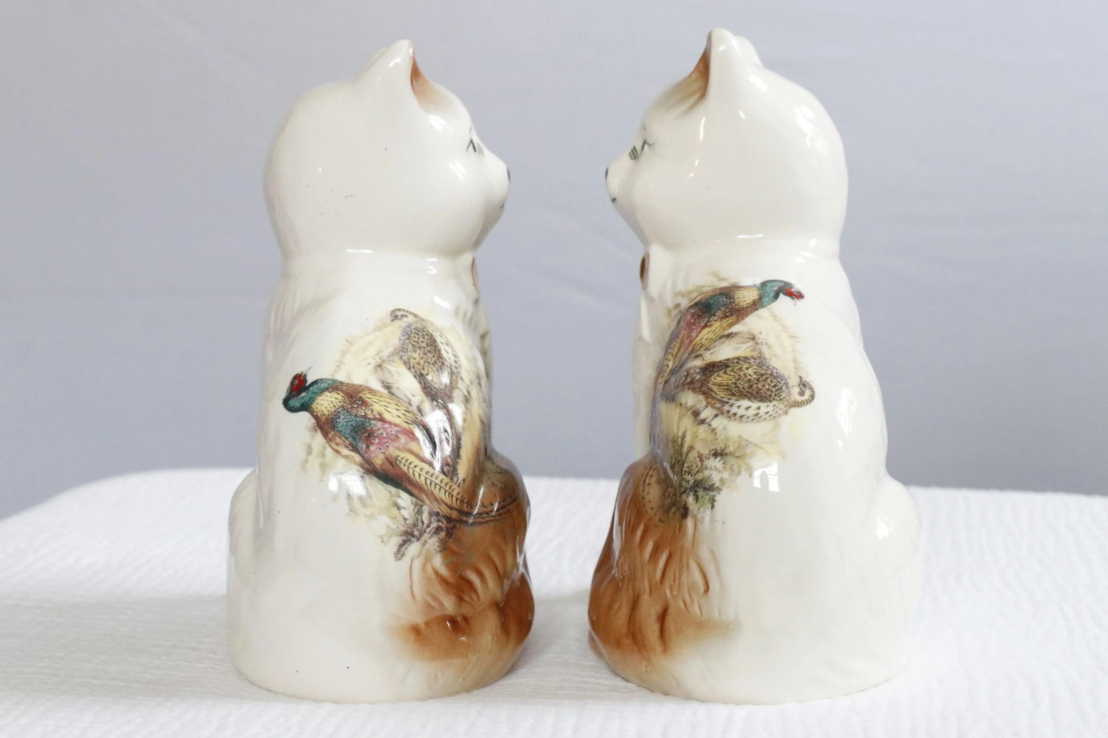 Pair of Staffordshire English Porcelain Cats With Painted Pheasants - 6