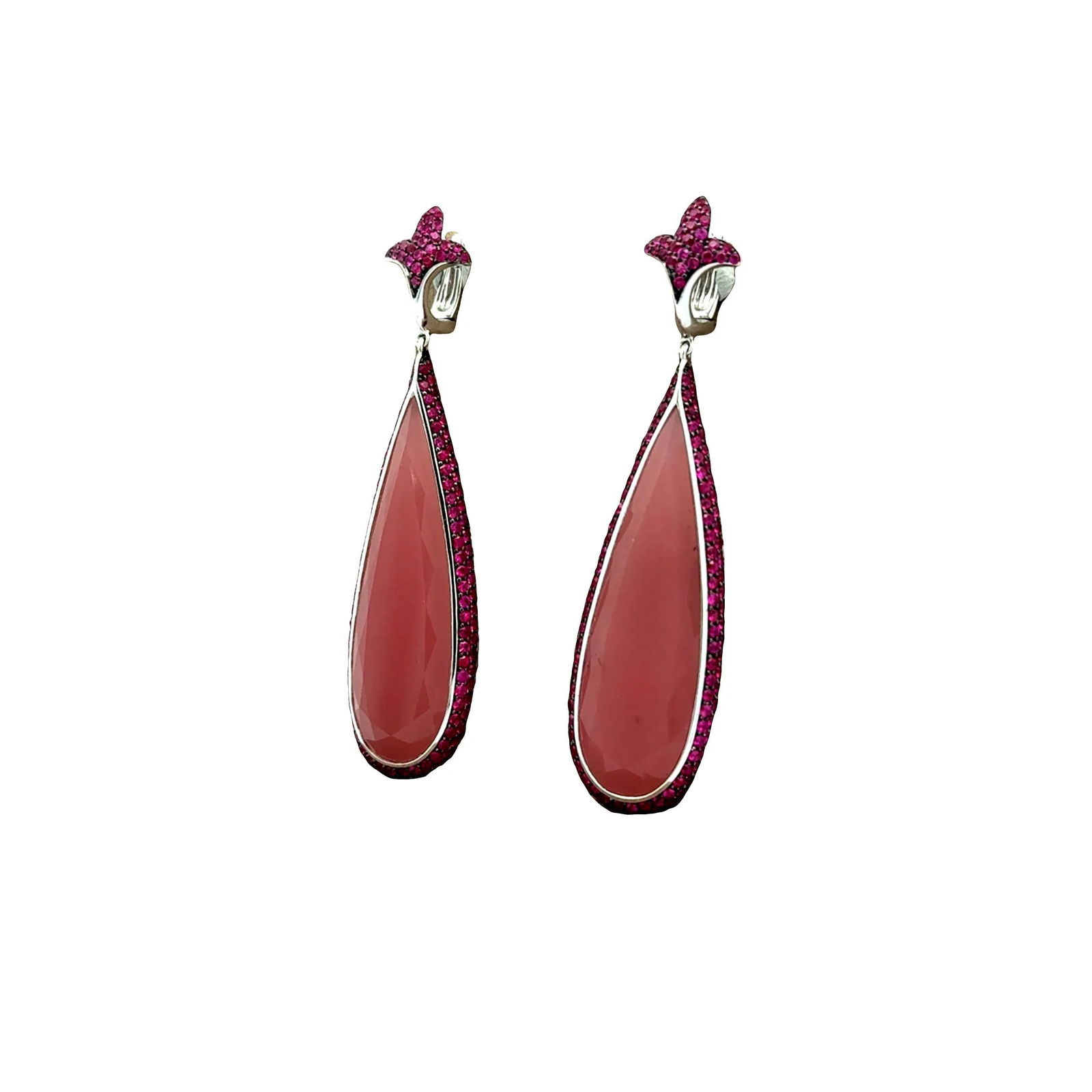 Rose Quartz Ruby 18k White Gold Drop Dangle Earrings- Set of 2 - 3