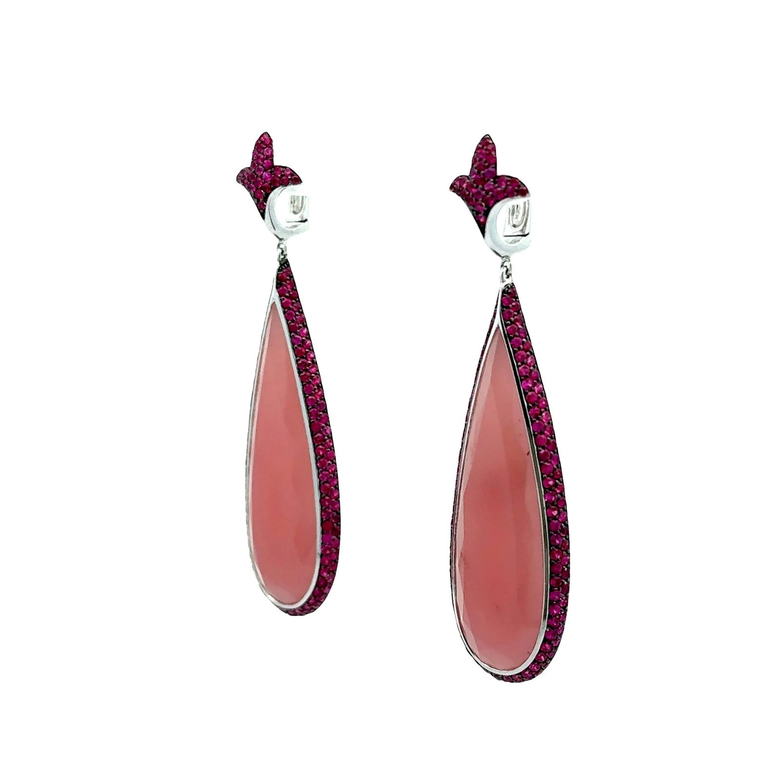 Rose Quartz Ruby 18k White Gold Drop Dangle Earrings- Set of 2 - 4