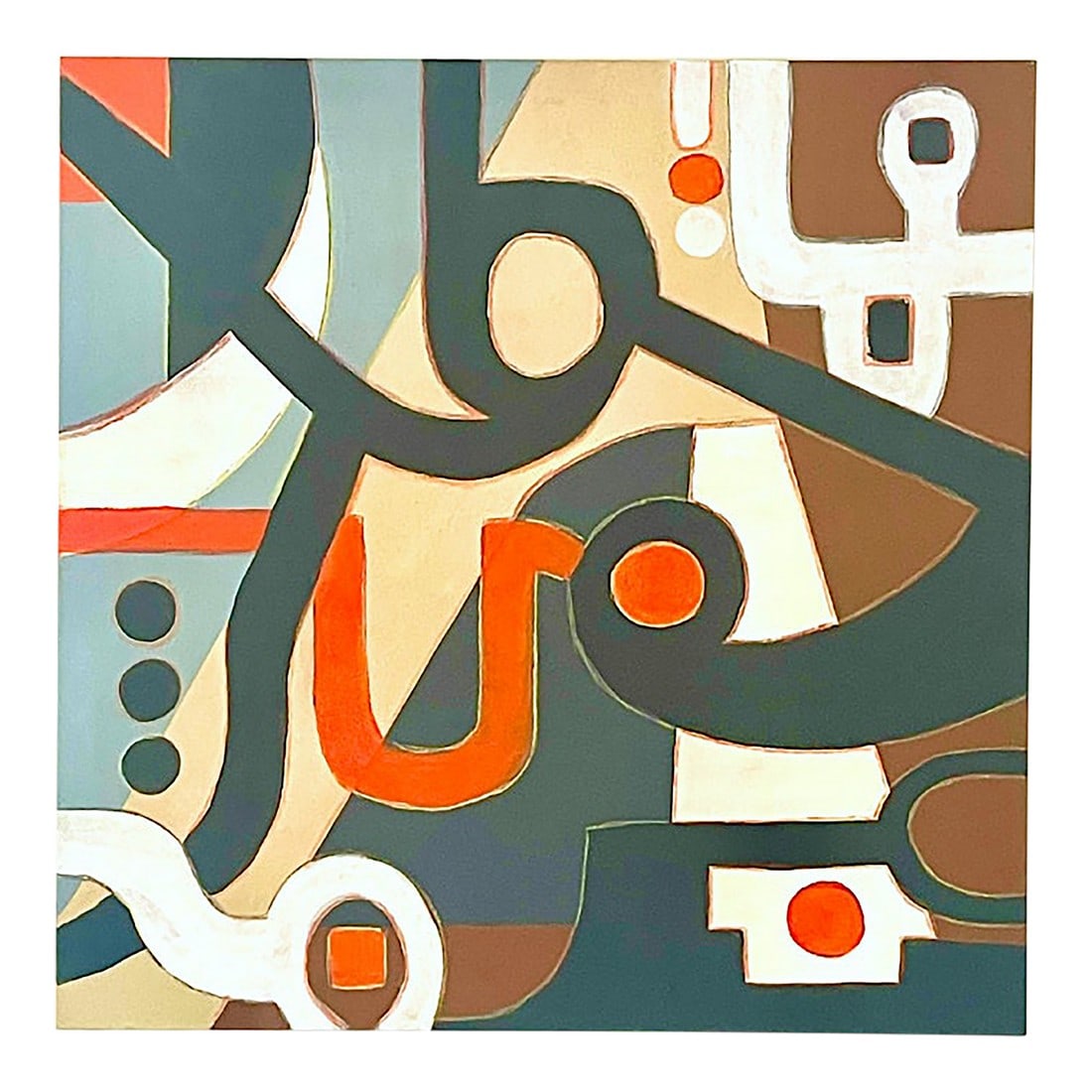 Contemporary Abstract Expressionist Painting by Bryan Boomershine,: Bryan Boomershine graphic Mid-Century inspired painting in modern blond frame. Captures the essence of the late 60s California Mid-Century style, culture, and colors! The use of acrylic paints on canv