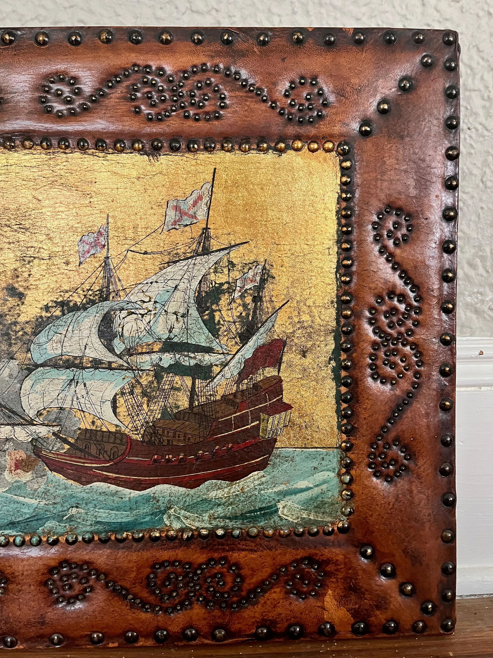 1920s Vintage Original Painting on Leather With Studded Frame - 2