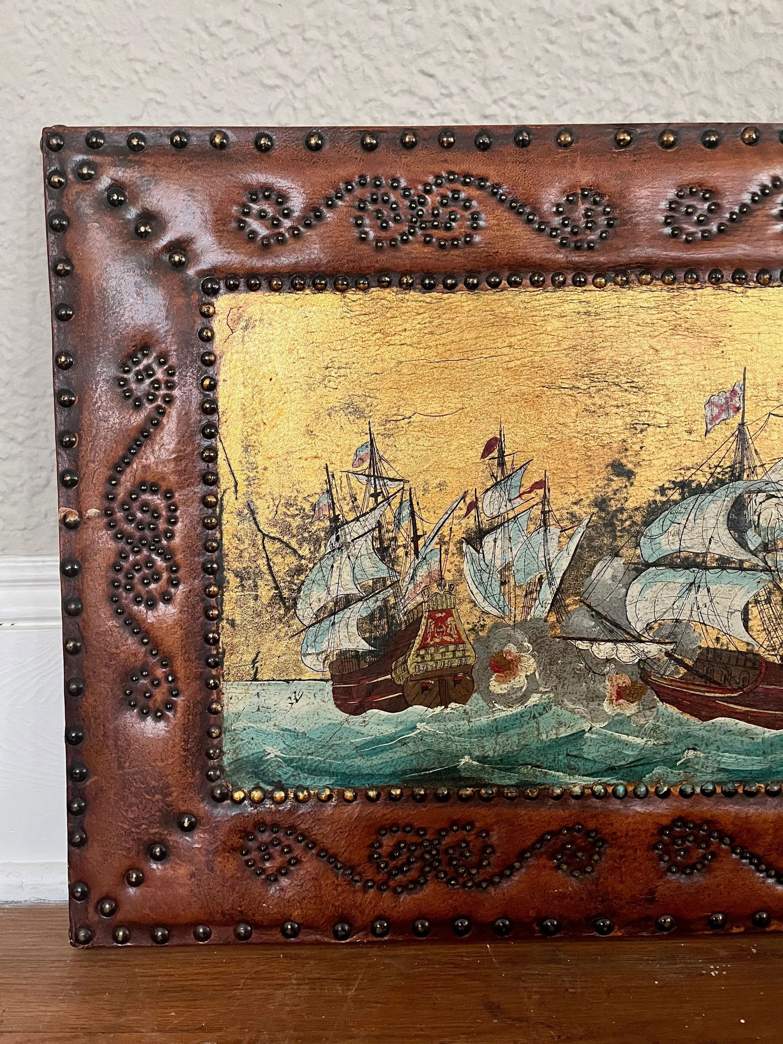 1920s Vintage Original Painting on Leather With Studded Frame - 3