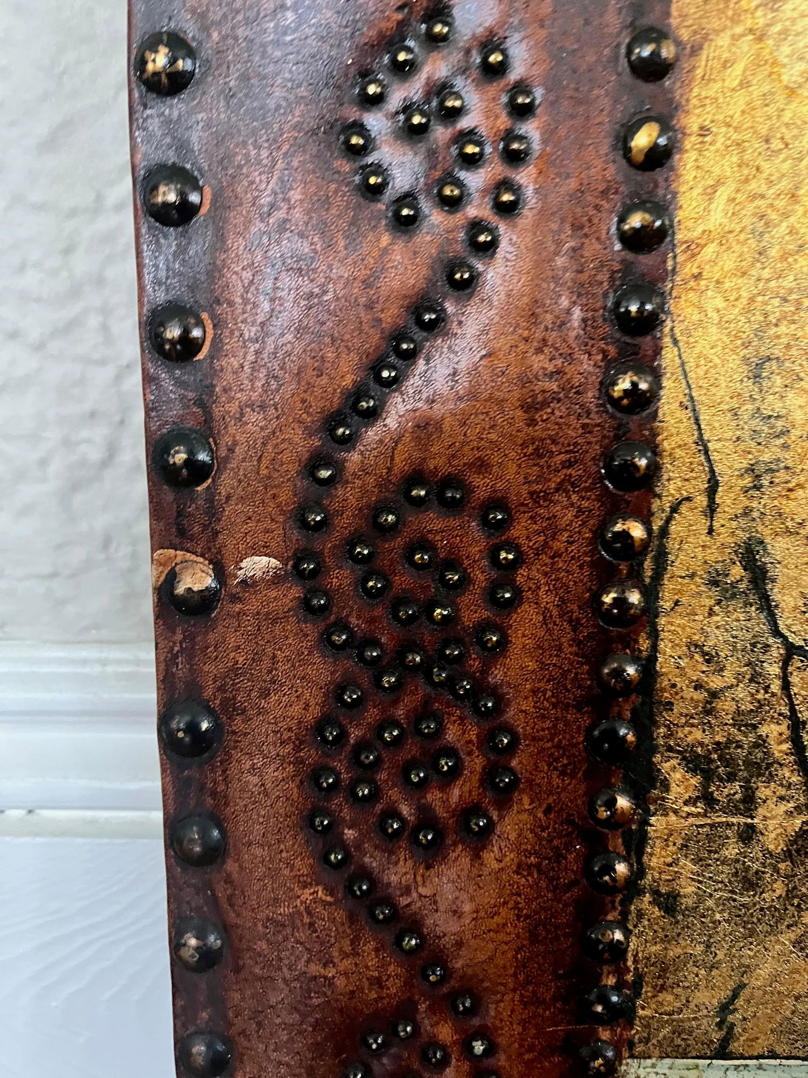 1920s Vintage Original Painting on Leather With Studded Frame - 5