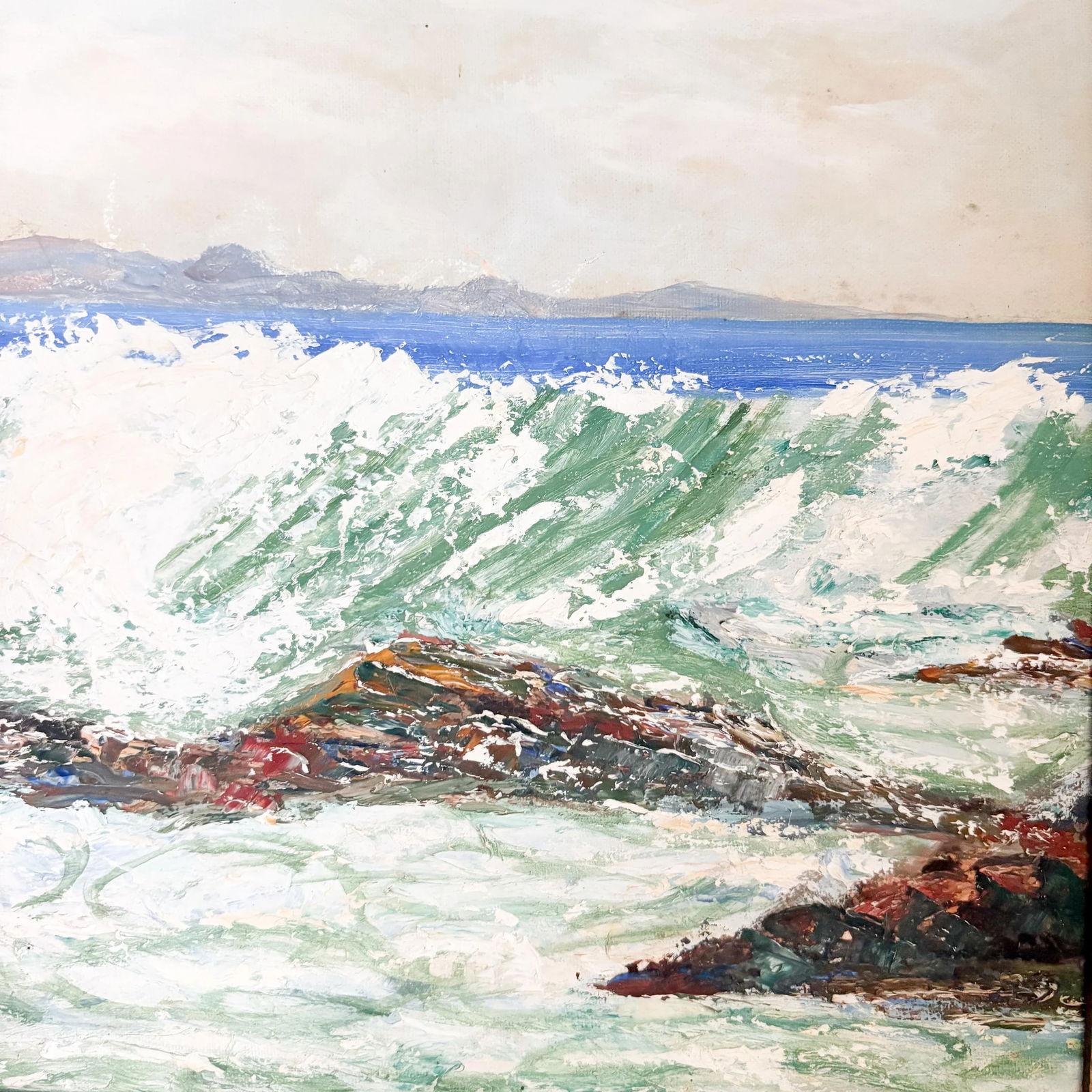 Ocean Waves Crashing on Rocks Painting, 1960's Textured Nautical Ocean Painting, Framed - 4