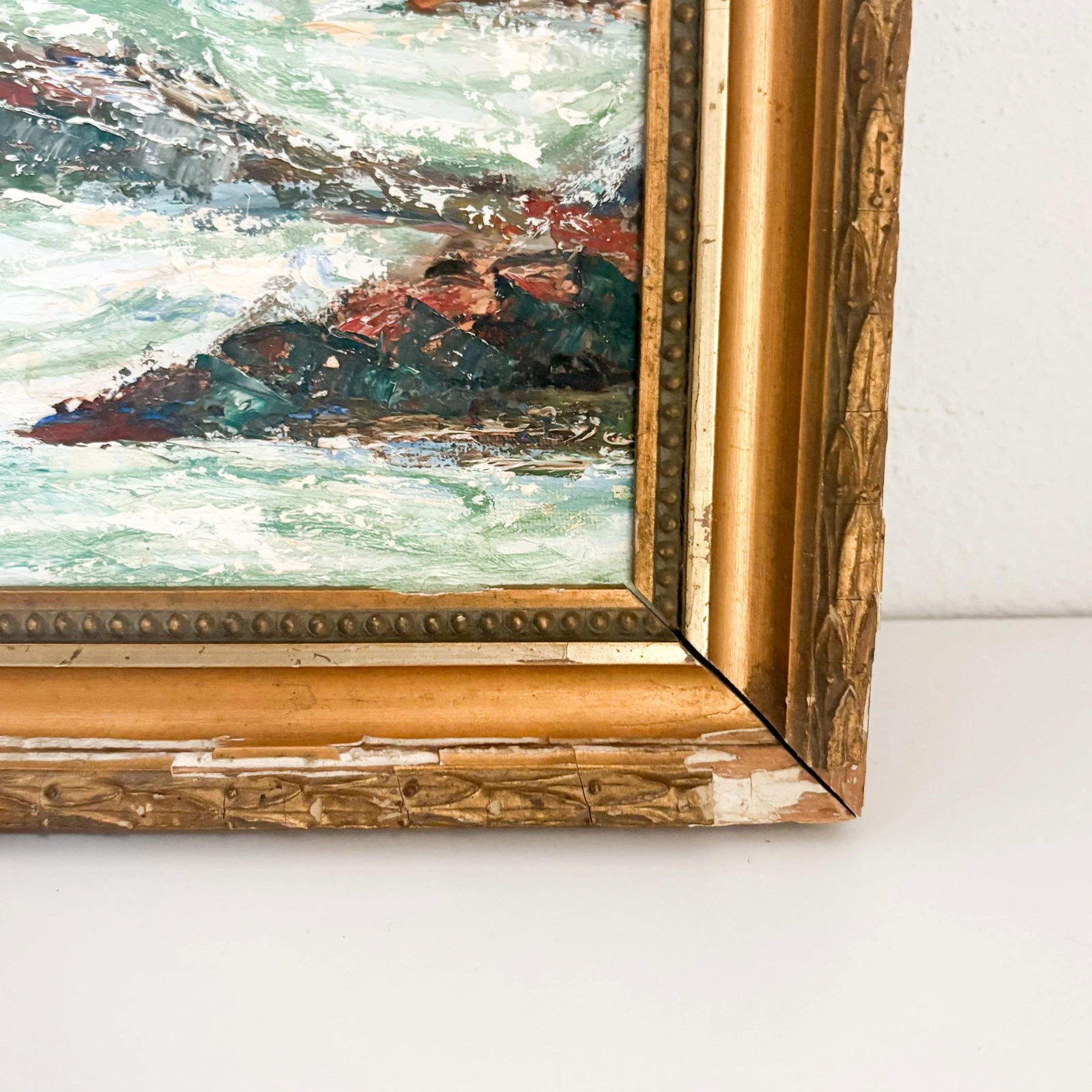 Ocean Waves Crashing on Rocks Painting, 1960's Textured Nautical Ocean Painting, Framed - 8