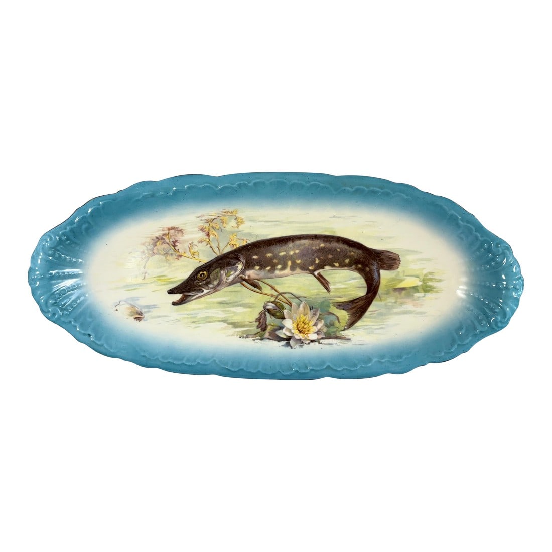 19th Century Imperial Crown China Antique Fish Platter: Antique oblong blue and white porcelain platter has a raised edge border with a handpainted fish and floral design center . This piece was produced sometime between 1883 - 1914 and has the mark of Imp