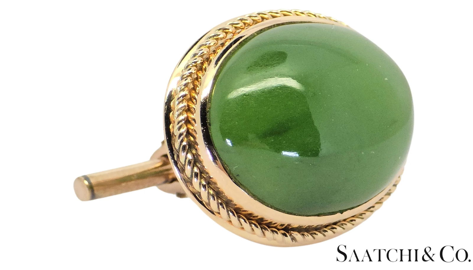 Mid 20th Century 12k Yellow Gold - Natural Green Jade Cabochon Cut: Cufflinks- Set of 2 - 4