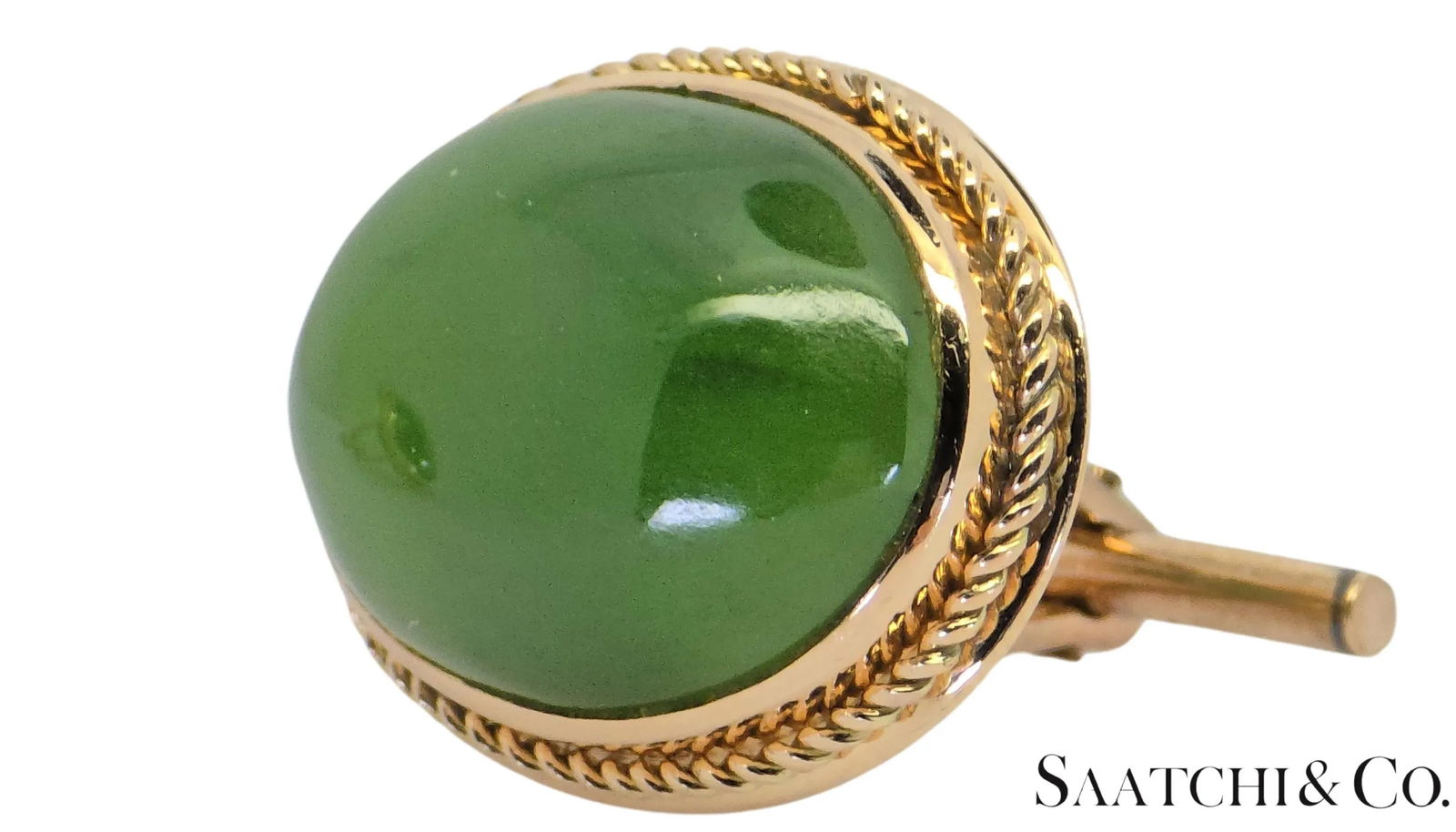 Mid 20th Century 12k Yellow Gold - Natural Green Jade Cabochon Cut: Cufflinks- Set of 2 - 5