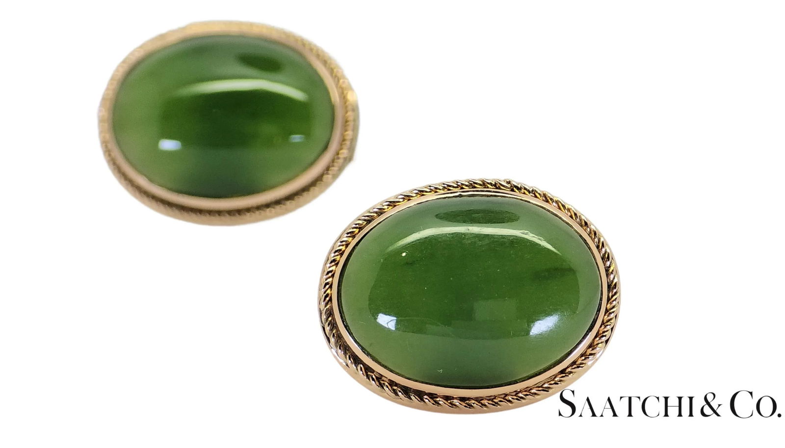 Mid 20th Century 12k Yellow Gold - Natural Green Jade Cabochon Cut: Cufflinks- Set of 2 - 6