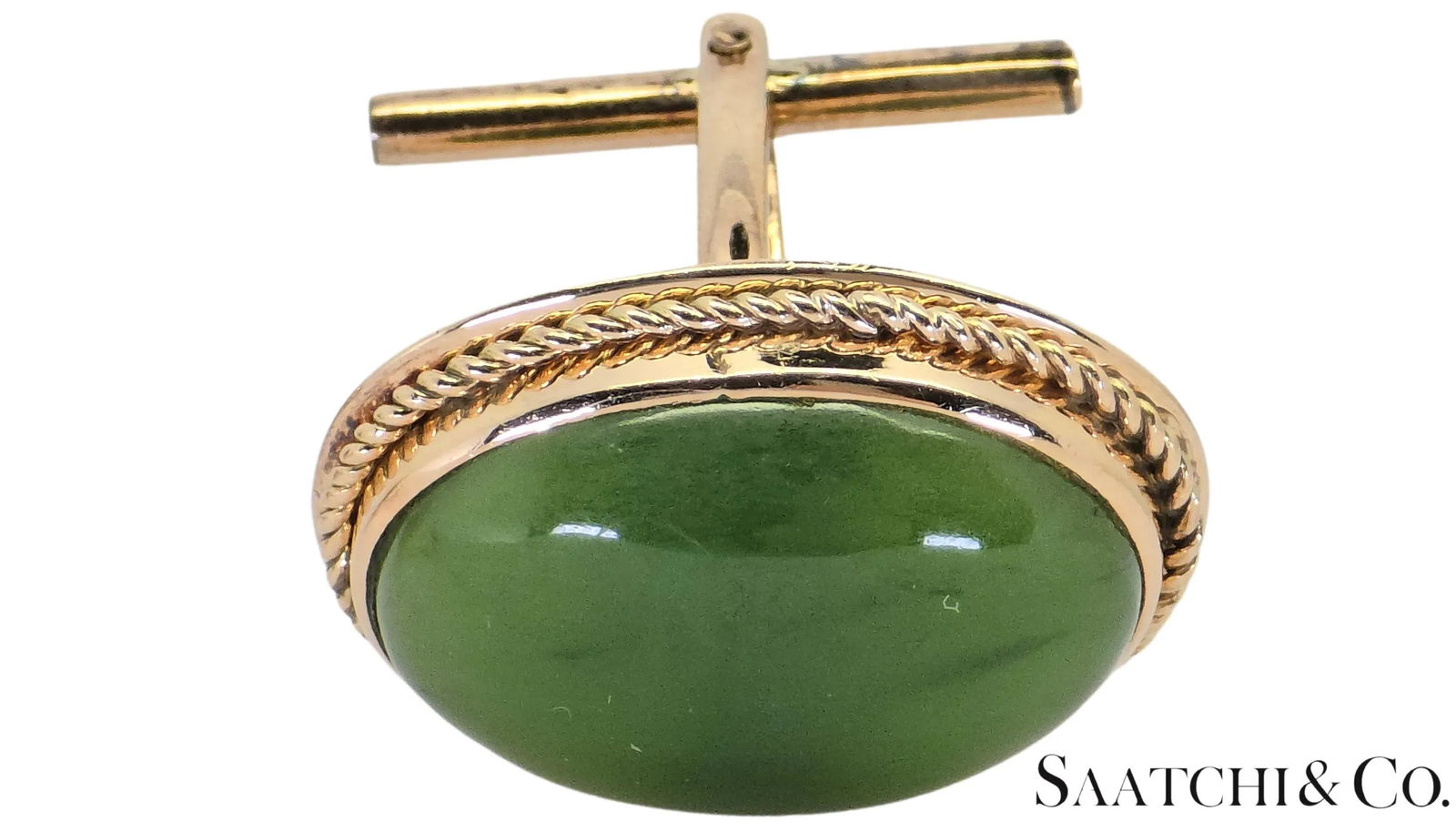 Mid 20th Century 12k Yellow Gold - Natural Green Jade Cabochon Cut: Cufflinks- Set of 2 - 7