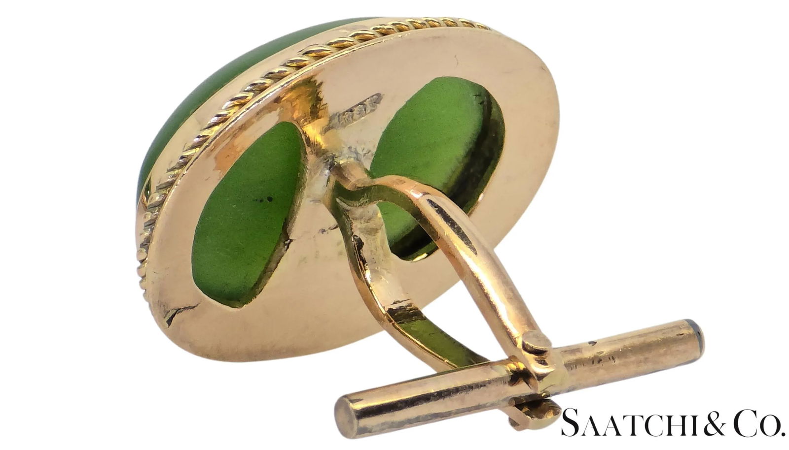 Mid 20th Century 12k Yellow Gold - Natural Green Jade Cabochon Cut: Cufflinks- Set of 2 - 8