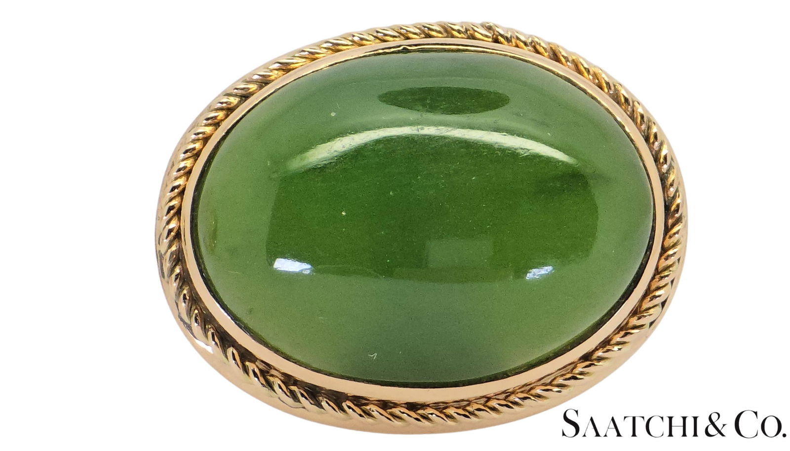 Mid 20th Century 12k Yellow Gold - Natural Green Jade Cabochon Cut: Cufflinks- Set of 2 - 9