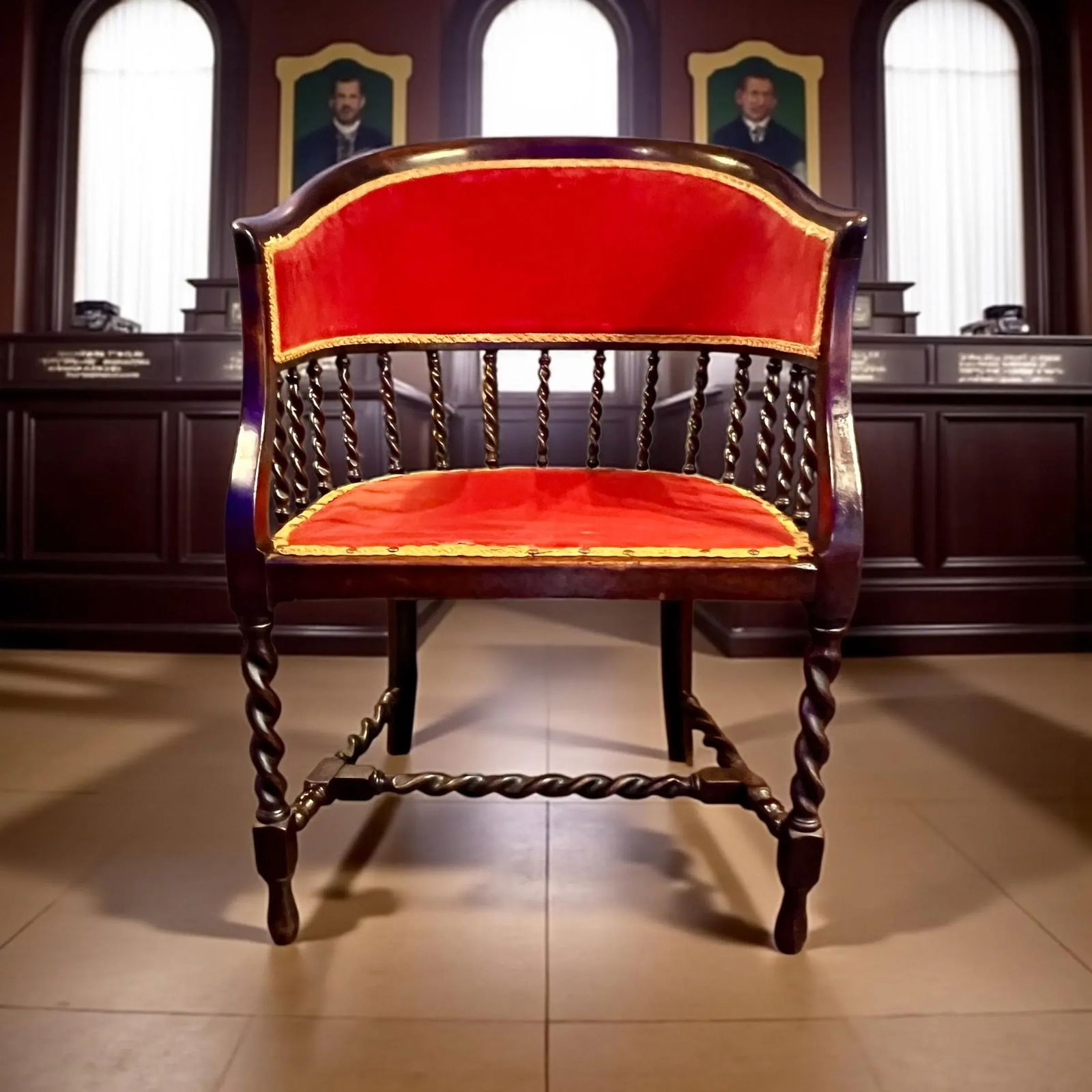 Antique 19th Century Barrel Back Banker Chair-Red Velvet-Barley Twist Legs-Victorian - 2