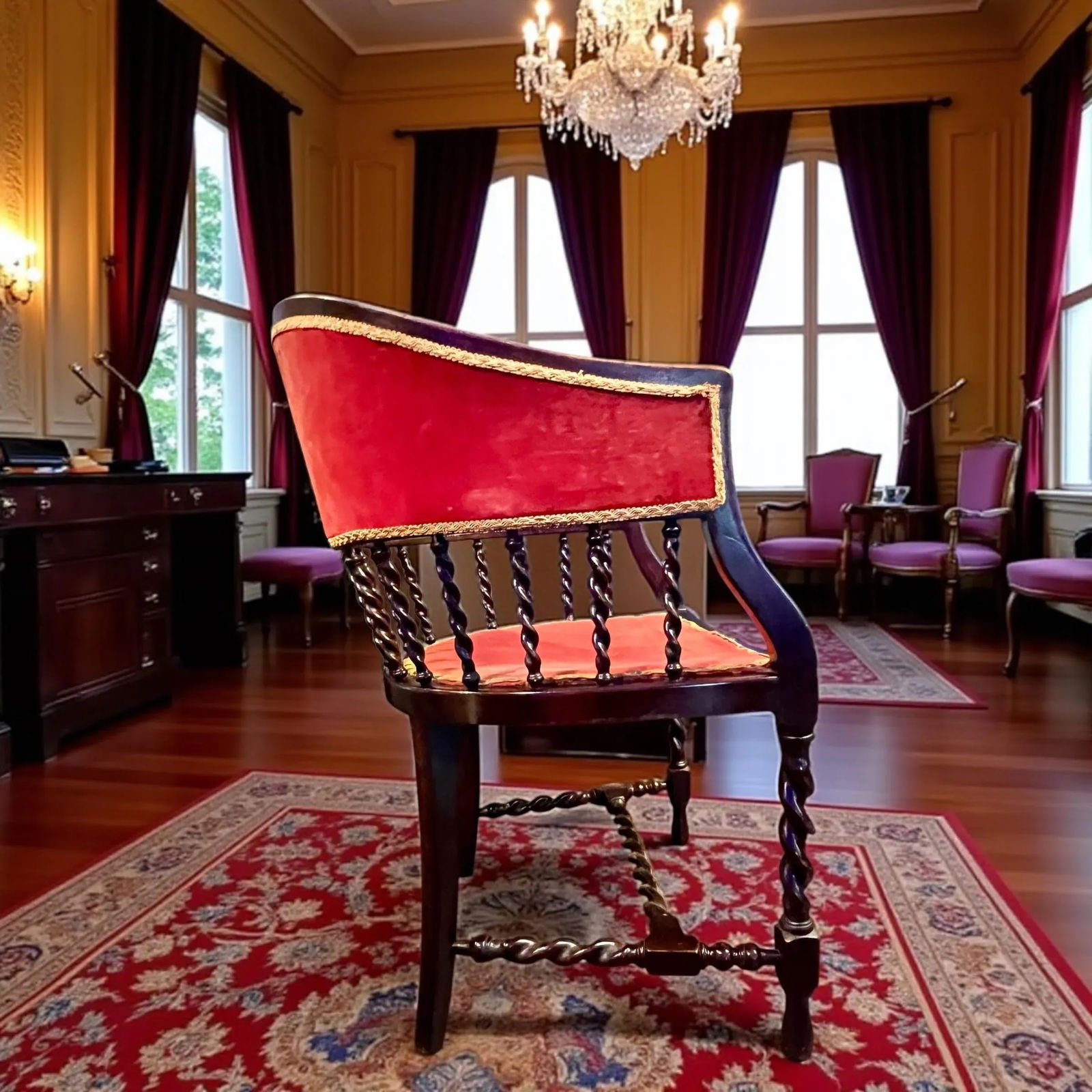 Antique 19th Century Barrel Back Banker Chair-Red Velvet-Barley Twist Legs-Victorian - 3