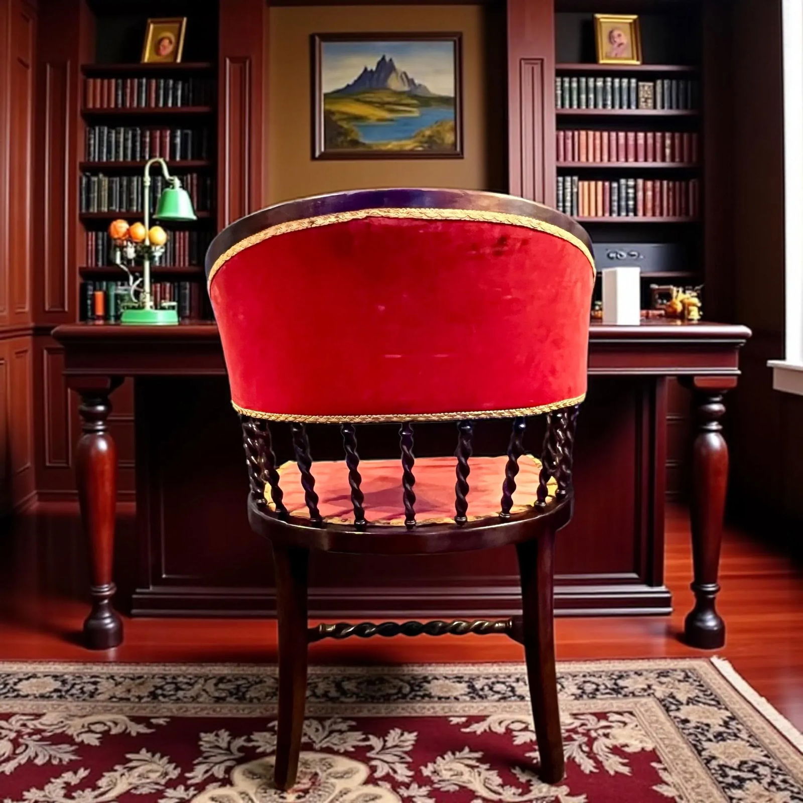 Antique 19th Century Barrel Back Banker Chair-Red Velvet-Barley Twist Legs-Victorian - 4