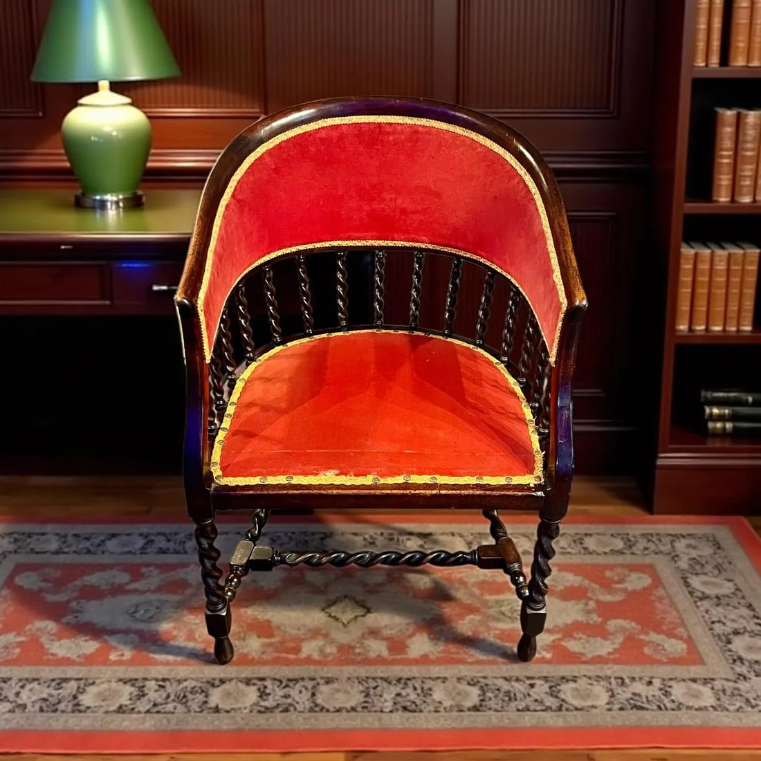 Antique 19th Century Barrel Back Banker Chair-Red Velvet-Barley Twist Legs-Victorian - 6