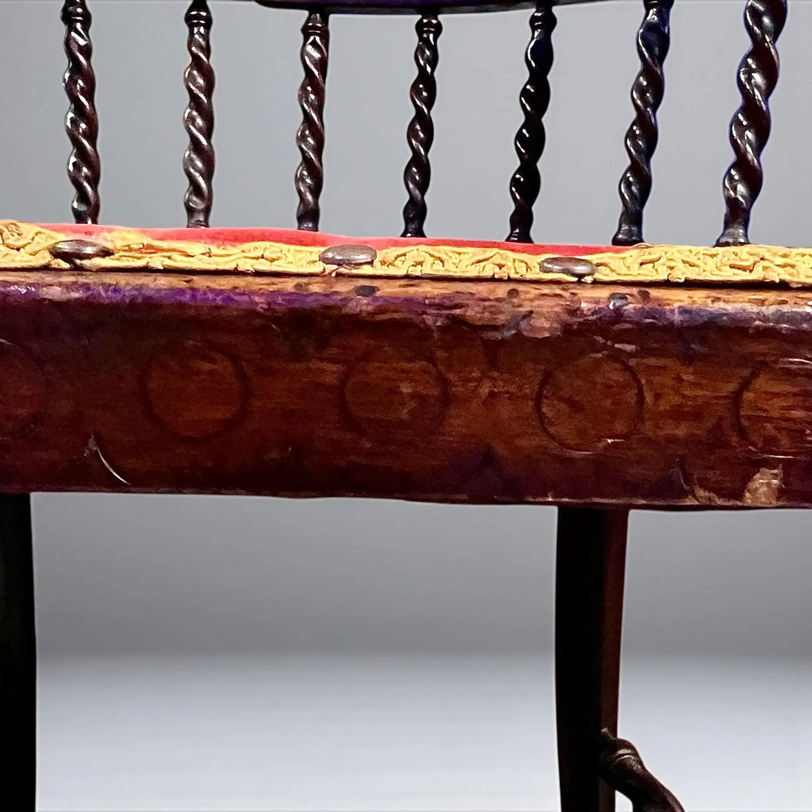 Antique 19th Century Barrel Back Banker Chair-Red Velvet-Barley Twist Legs-Victorian - 7