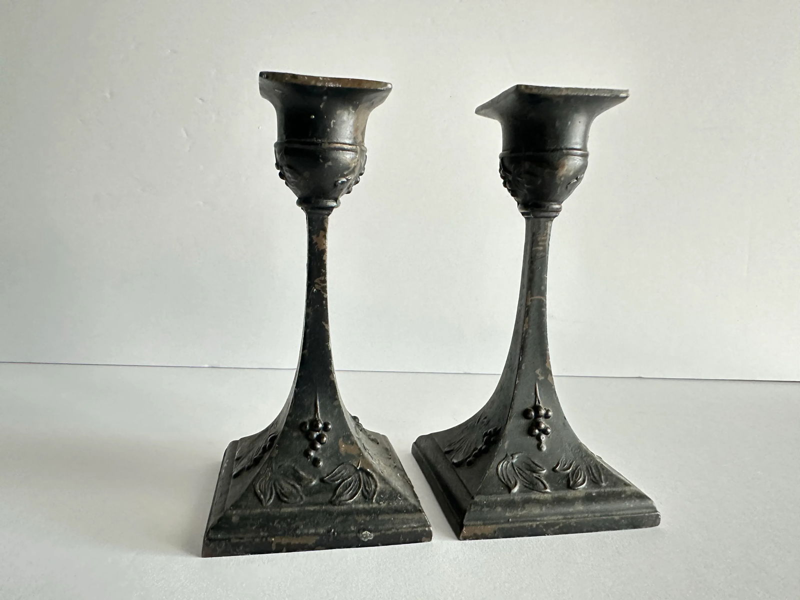 Antique Art Nouveau Grapes & Leaves Bronze Candlestick Holders- A Pair - 2