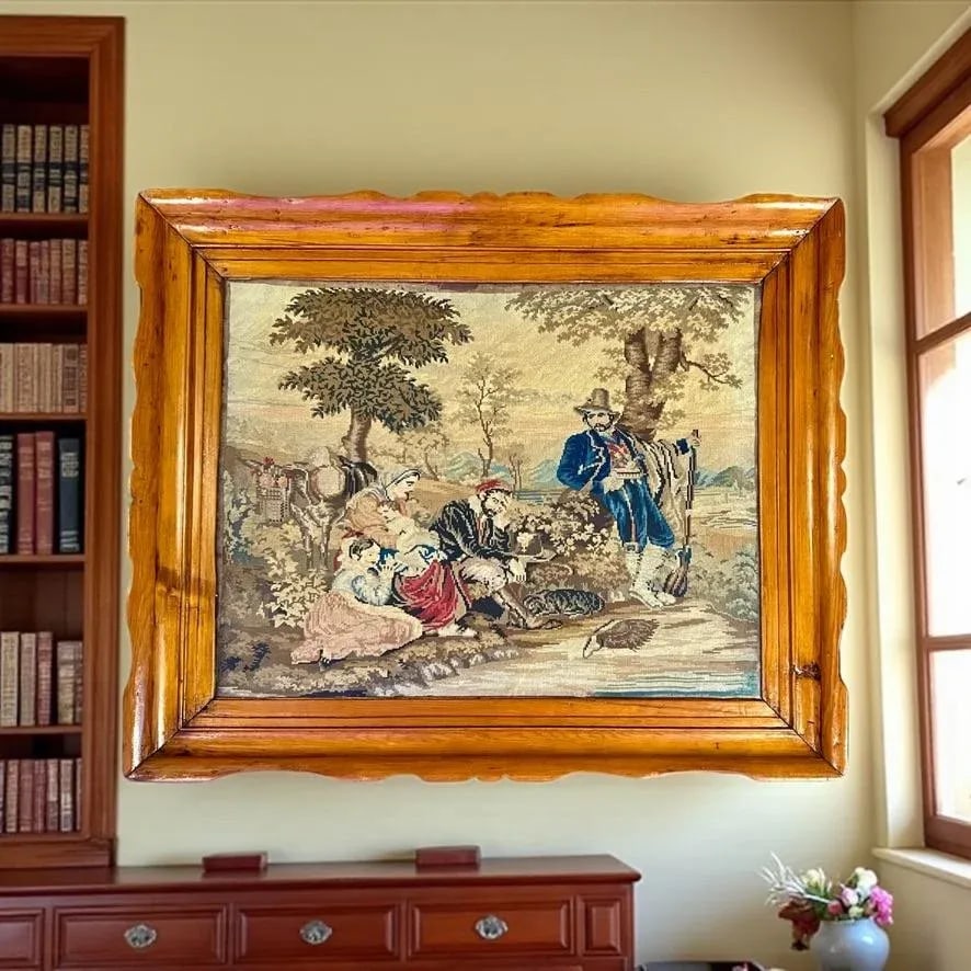 Antique Framed Needlepoint Scene-Hand Carved Pine-Victorian English 1800s-Art - 2